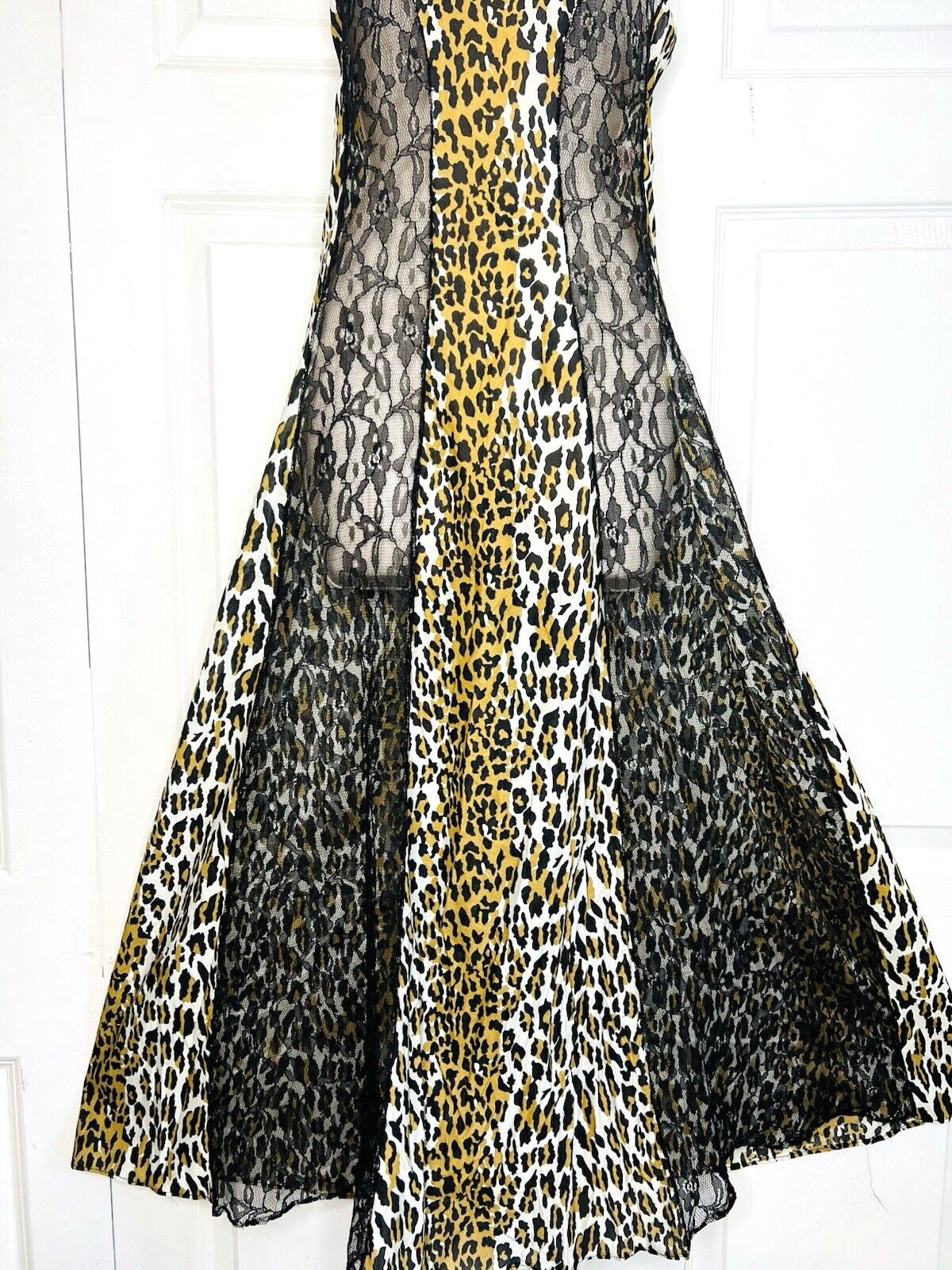 Vtg SEXY Leopard & Black Semi Sheer Lace Panels SMALL Long Negligee Nightgown