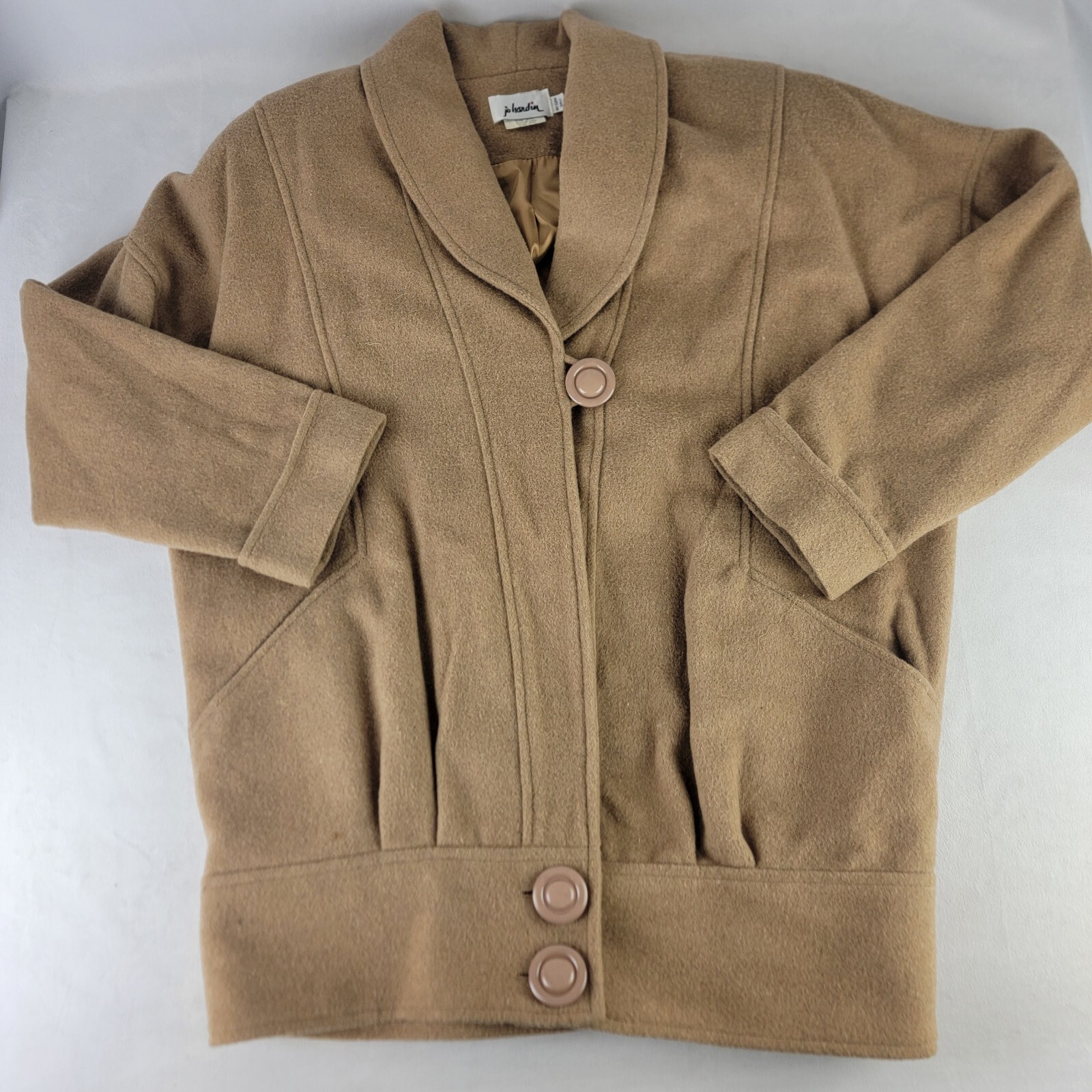 Vintage Jo Hardin Tan Wool Coat Jacket Size 6 Made In USA Neutral *READ*