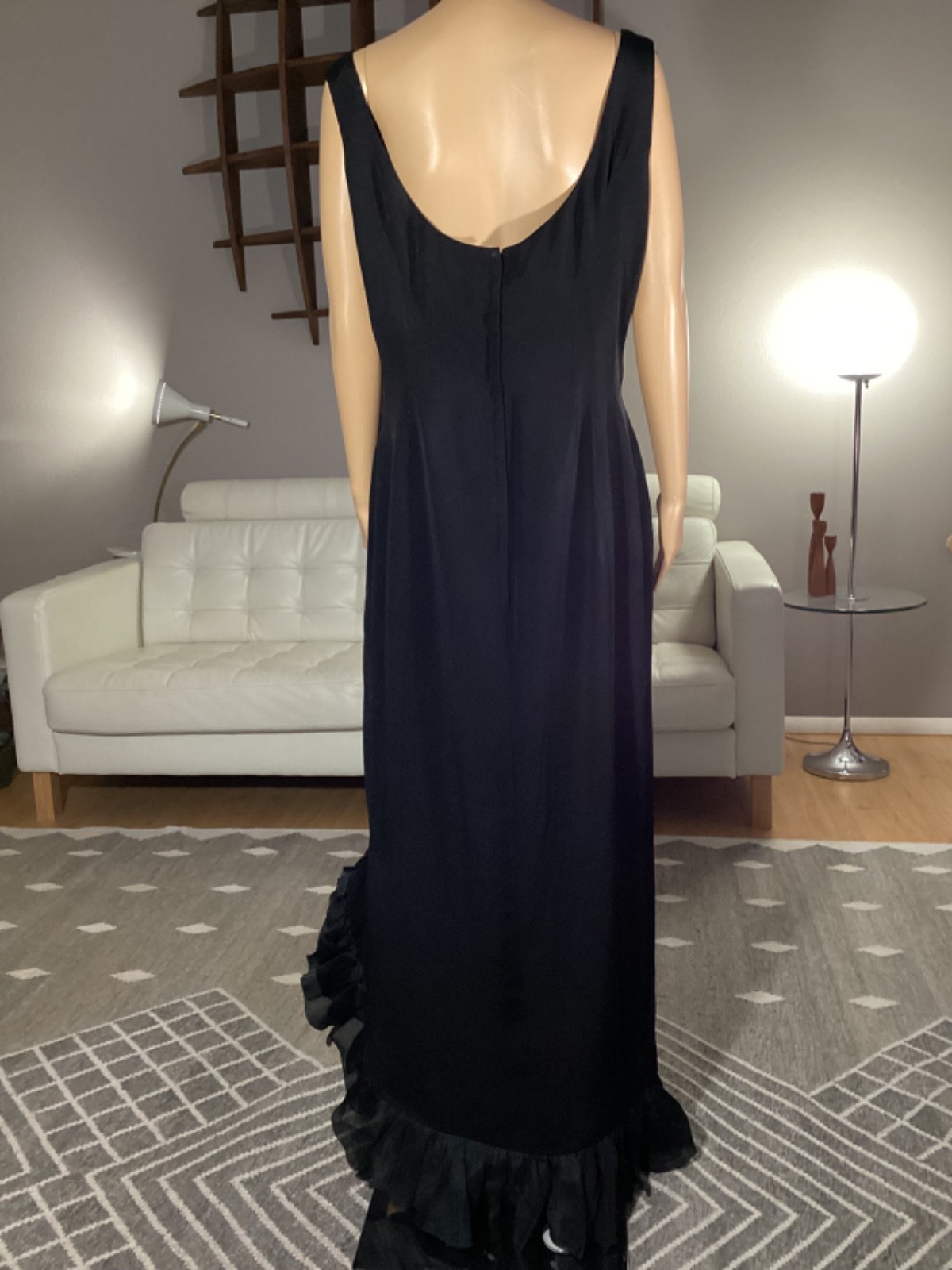 Vintage 50’s Black Wiggle Maxi Cocktail Evening Dress Chiffon Ruffle Trim XL