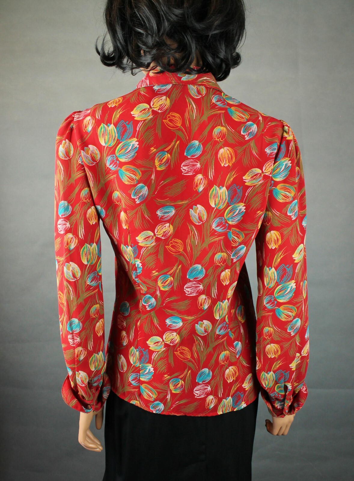 Vintage 80s Blouse 6 S Red Blue Floral Semi Sheer Crepe Long Sleeve Dress Shirt