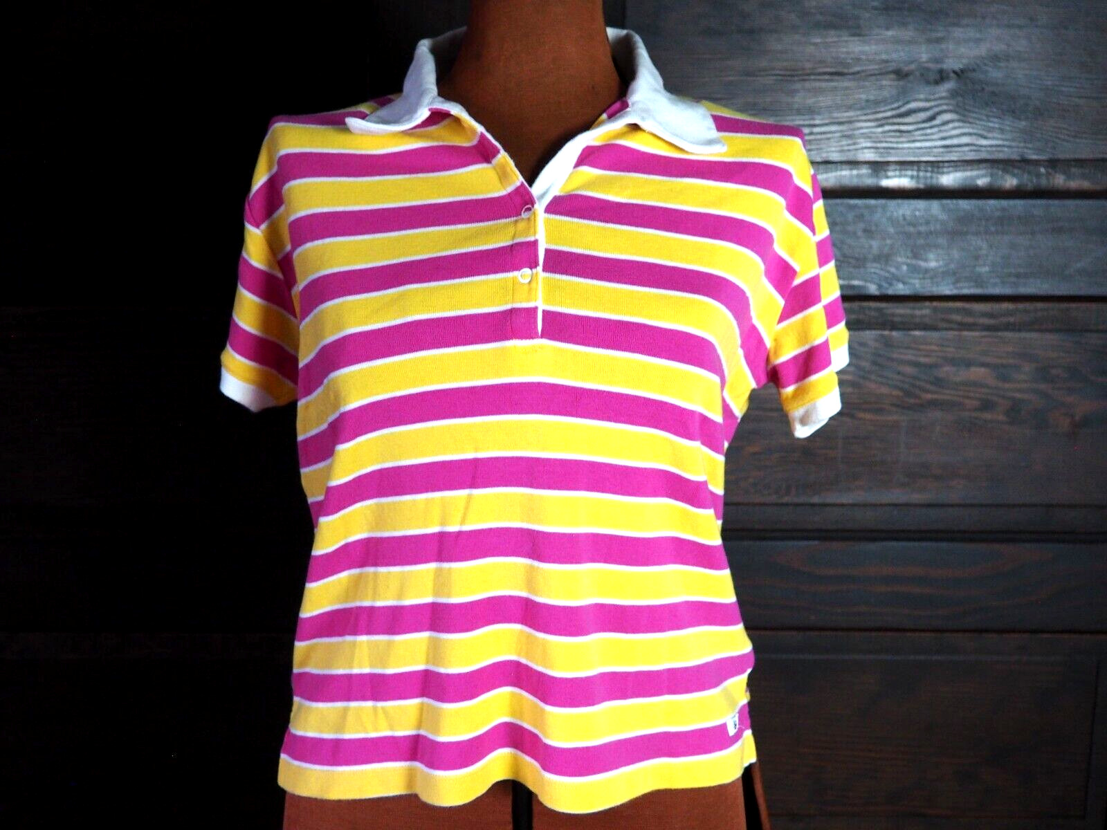 VTG 90s Y2K Cruel Girl Pink Yellow Stripe Retro Collar Polo Tee Tshirt Sz L