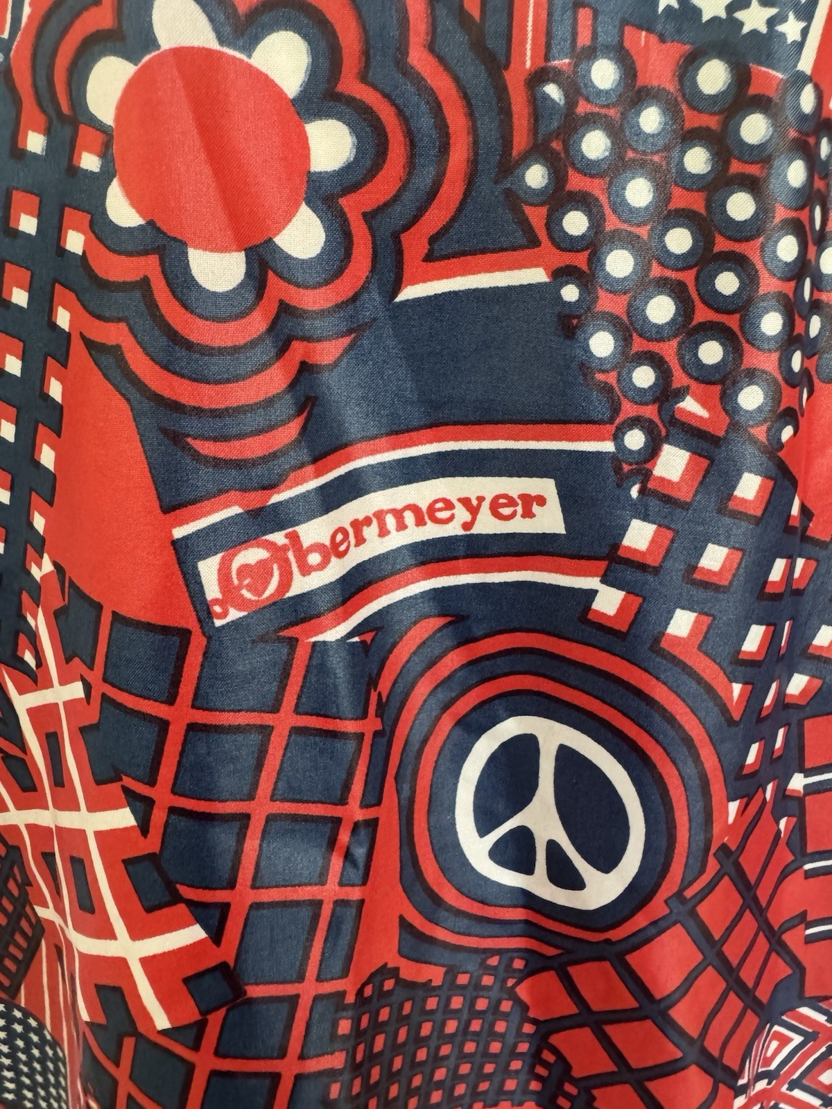 Vintage 70s Obermeyer Wind Shirt Top Red Navy Graphic Novelty Print Peace Flag
