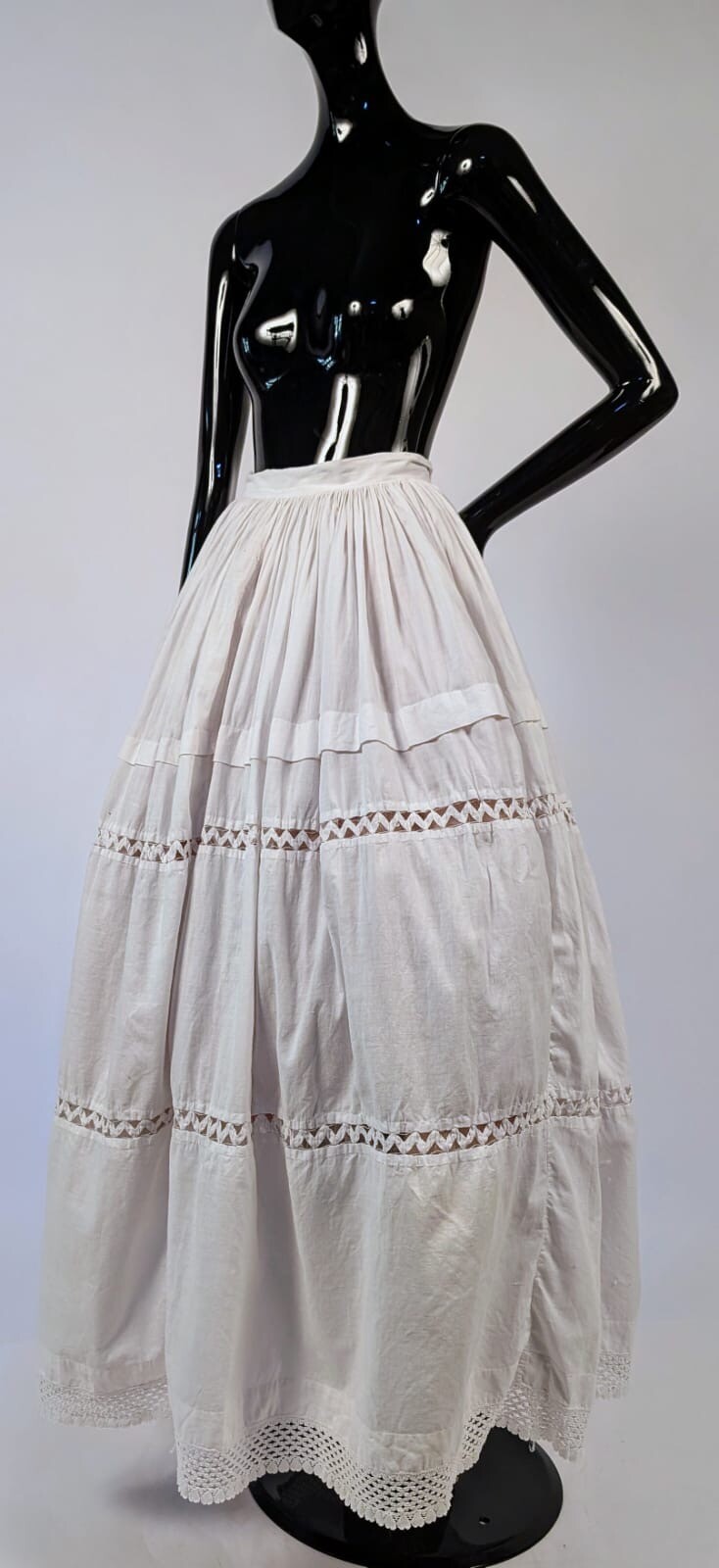 HAND SEWN MID 19TH C WHITE  PETTICOAT SKIRT W SAWTOOTH INSERTION & HEART LACE 