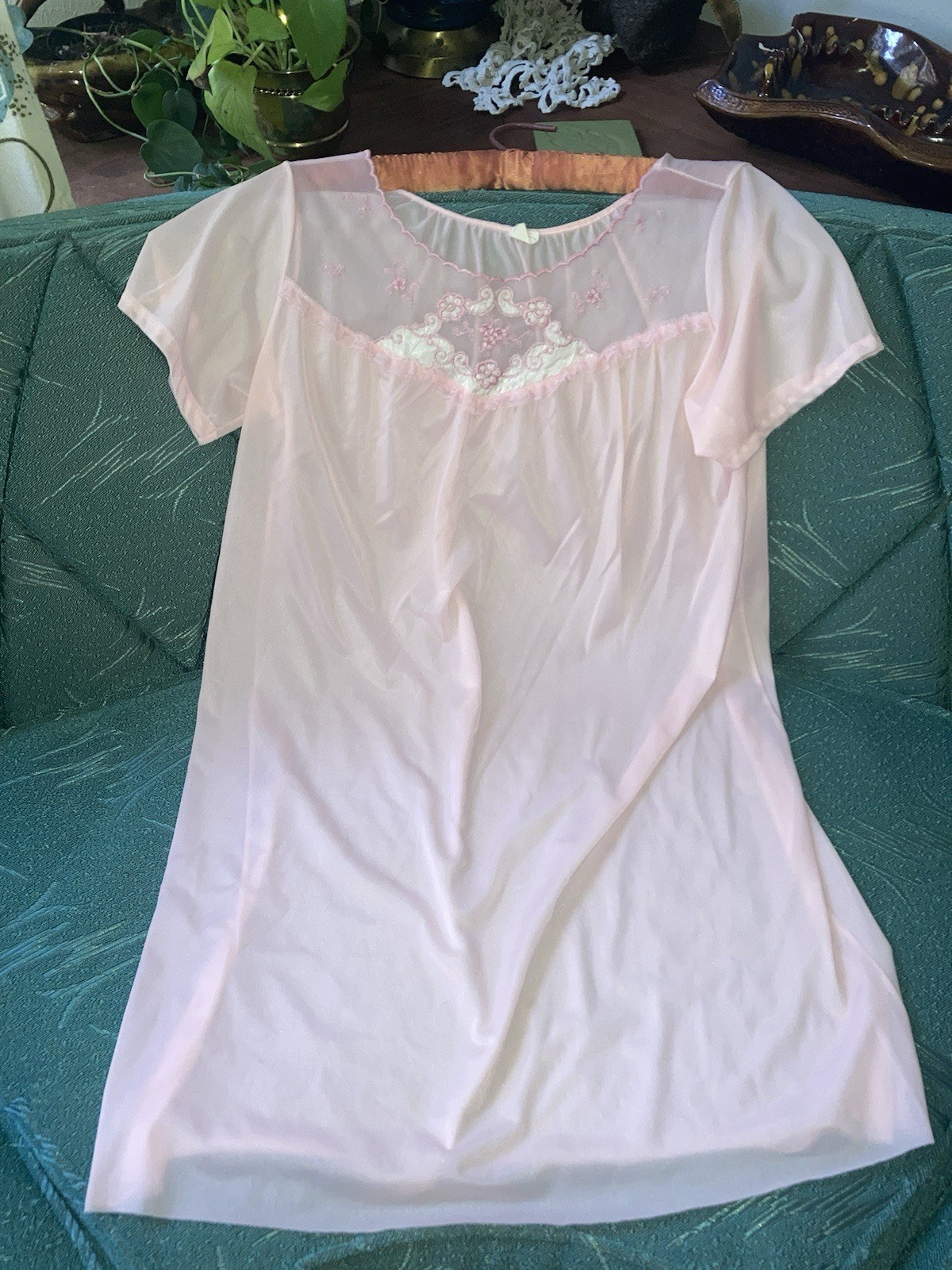 Vintage Pink babydoll Nightgown Short sleeve Floral Sheer Medium CHECK DETAILS!