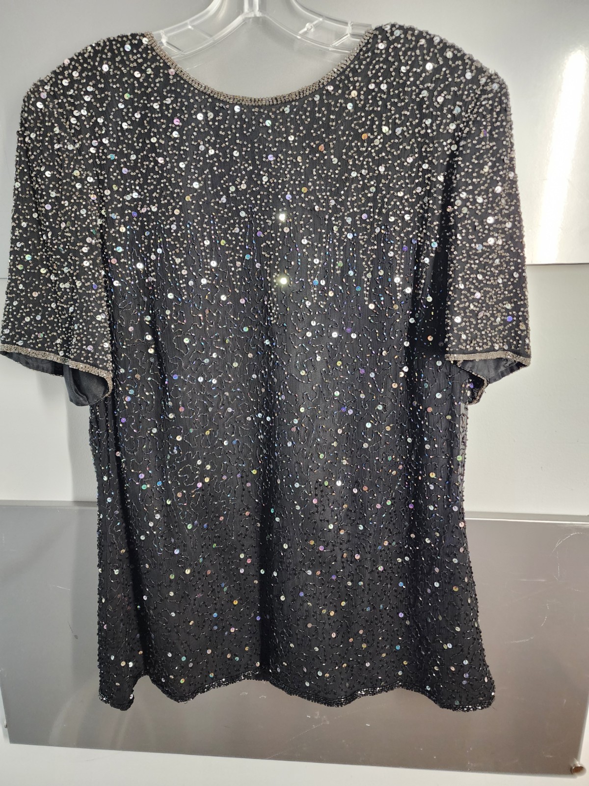 Vtg Patra Stenay 1x Silk top Black Sequin Beaded Silk Evening Blouse Glam Whimsy