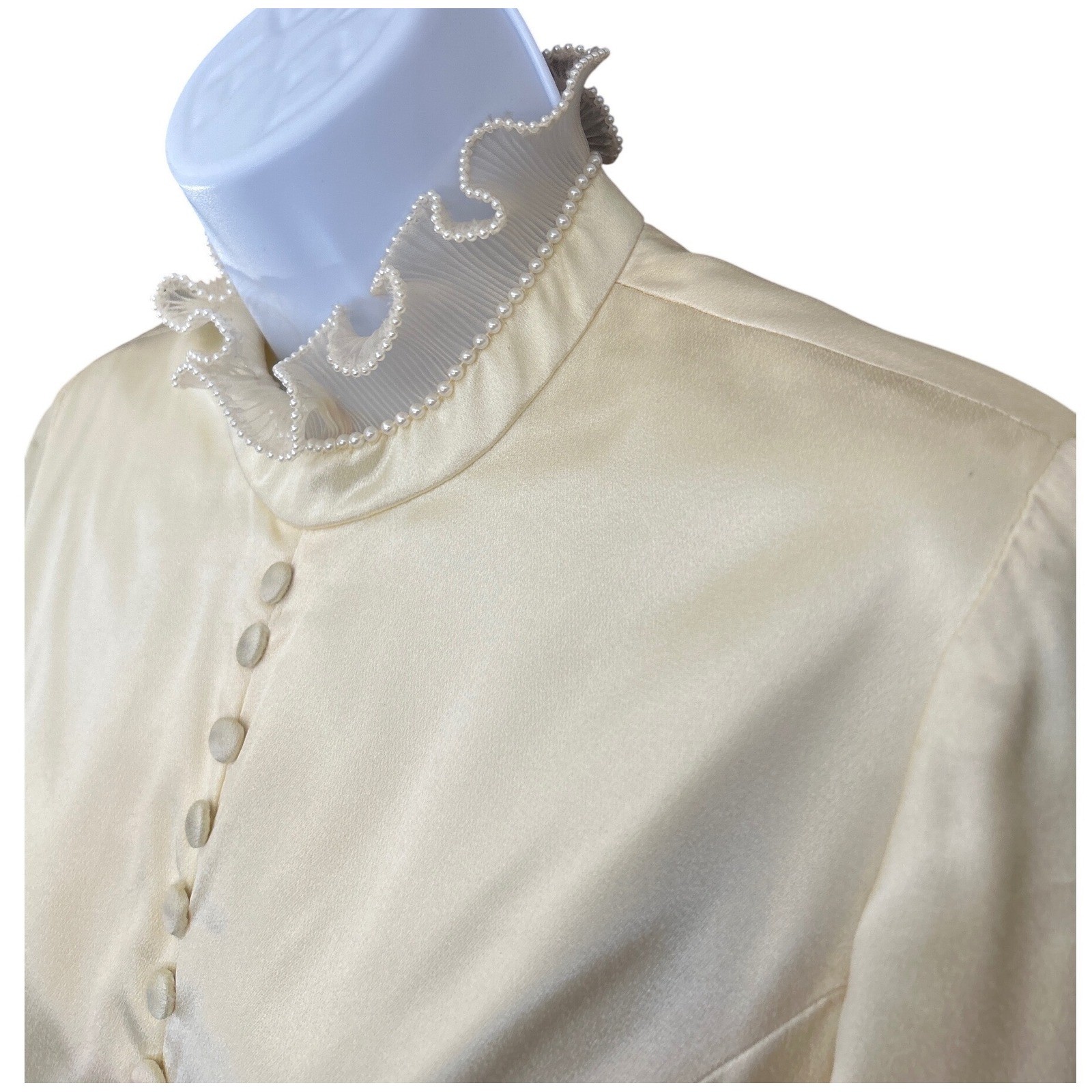 Vintage Unbranded Maxi Dress Victorian Regencycore Cream Satin Pearl Trim Gown