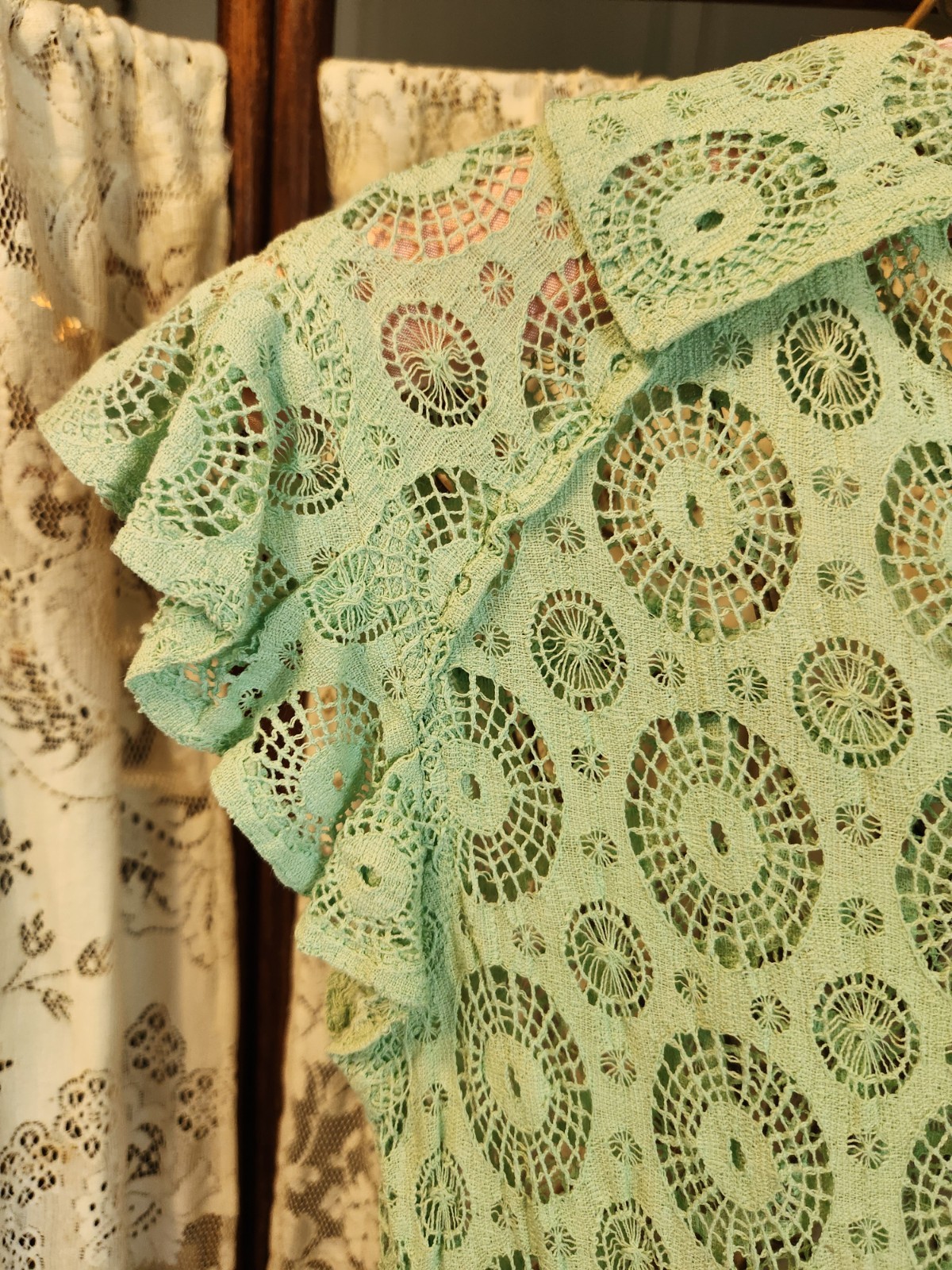 1930s Aqua Cotton Crochet Lace Dress with Cap Sleeves and Pockets XS