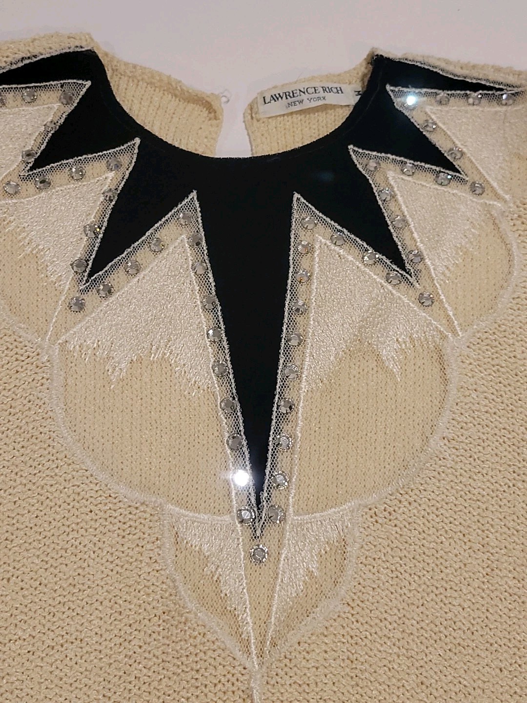 80s Ladies Sweater Lace Velvet Rhinestones Black Ivory Vtg Dressy Sz M New York