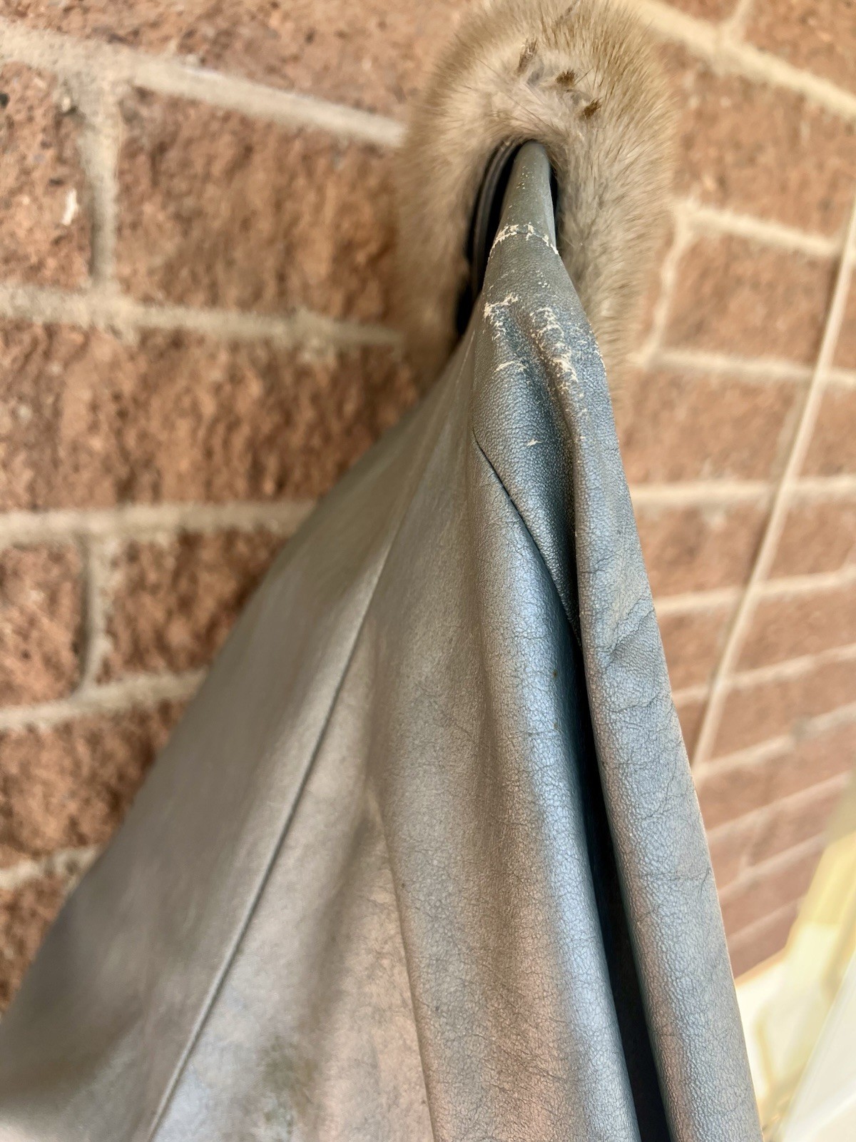 Vintage Shiny Blue Leather Coat w/ Fur Collar – No Lining or Brand, Still Sweet