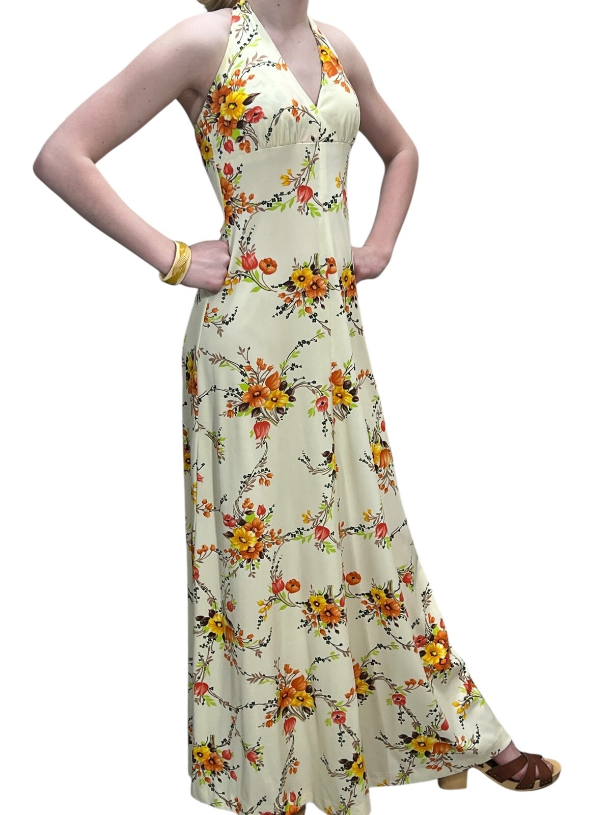 S Vtg 60s 70s Maxi Dress Lined HALTER Open Back ORANGE Floral Flat Knit Boho
