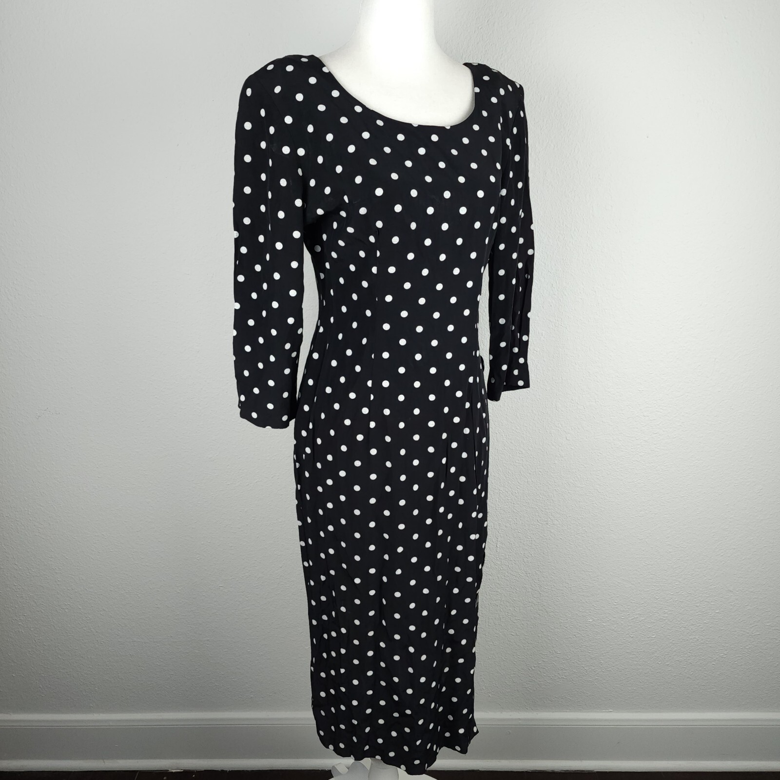 Vintage 80s 1940s DiamondsRun Black White Midi Pencil Dress Long Sleeve PolkaDot
