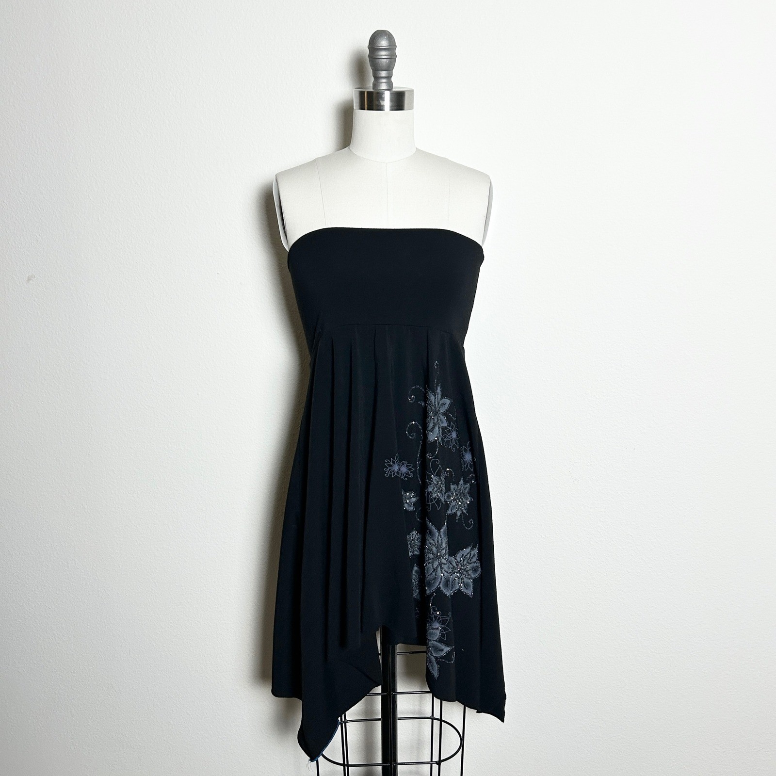 VTG Y2K ON&ON Convertible Strapless Dress Skirt Black Floral Beaded Fairy Hem OS