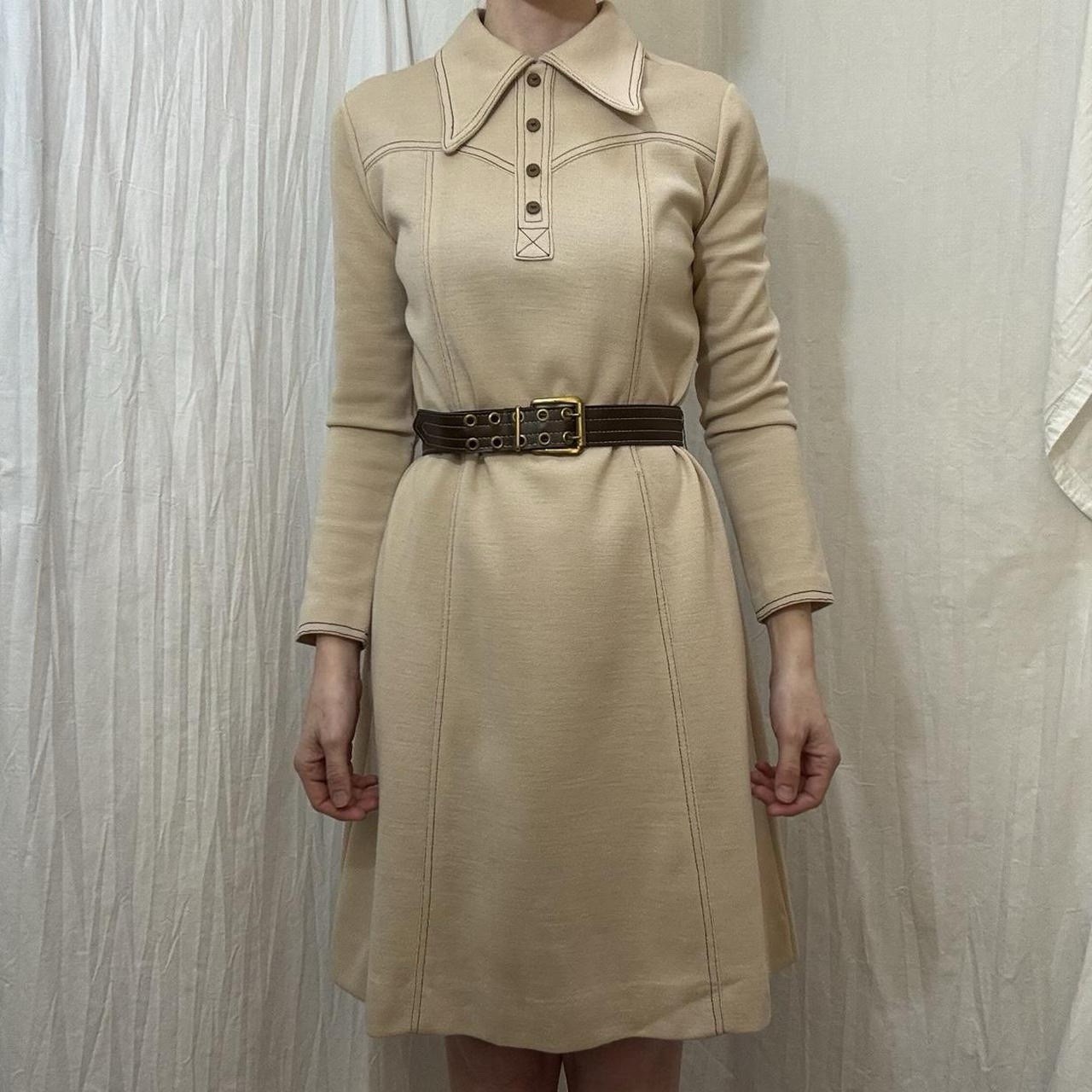 Tan Collared Brown Belted Dress Brown Stitching Vintage 70s Jonathan Logan Sz S