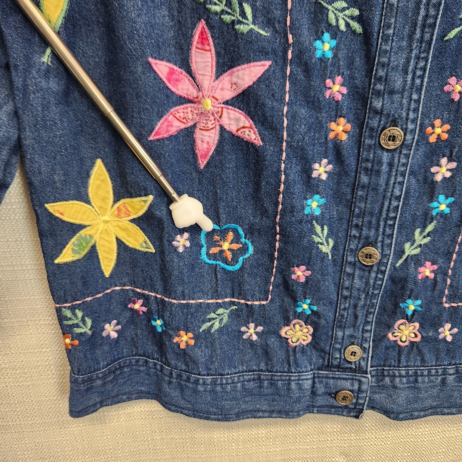 Vintage National Denim Button Jacket Size 14 Embroidered Floral Applique Cotton