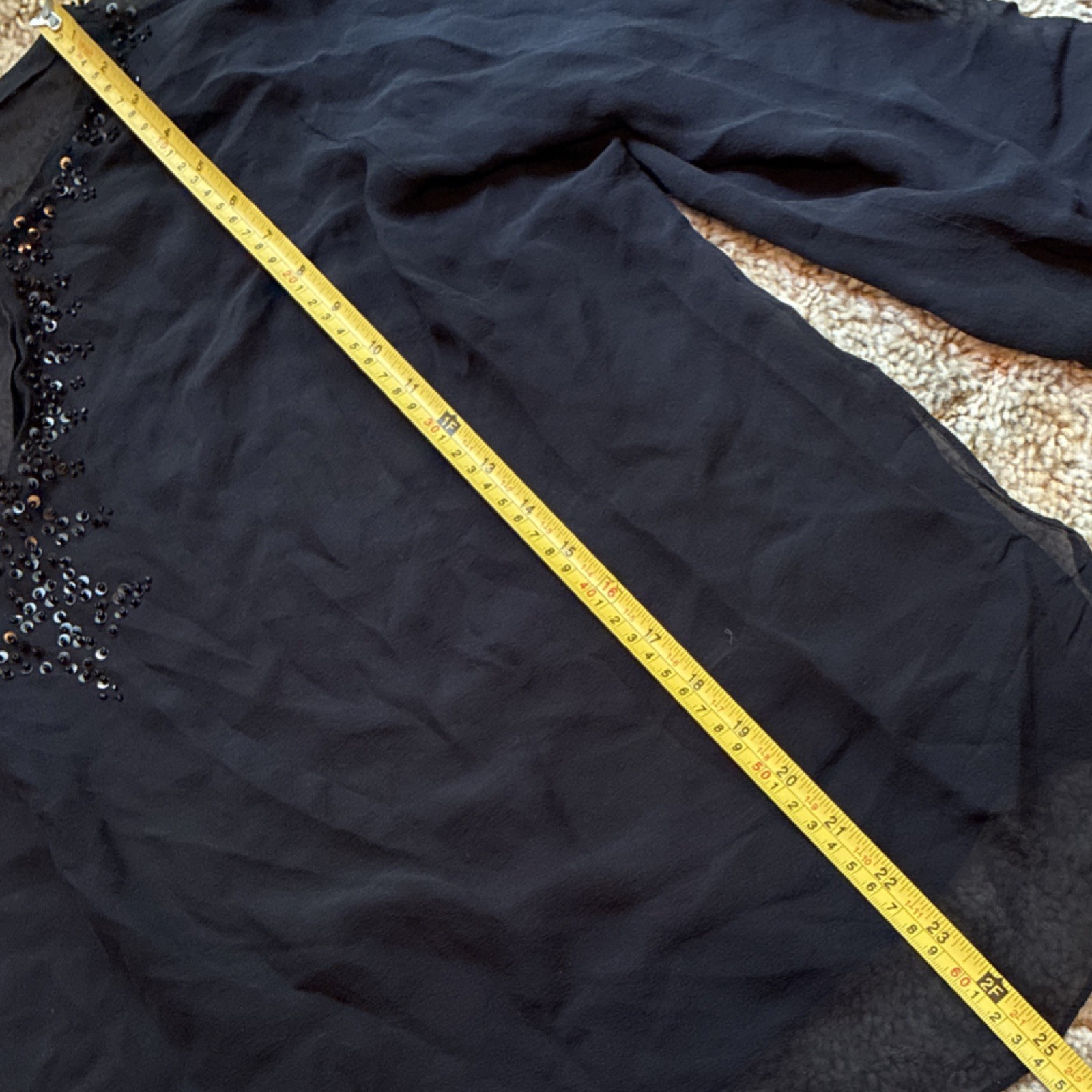 Tape Measure/Woman Black 100% Silk Blouse Size 16W With Breaded Collar