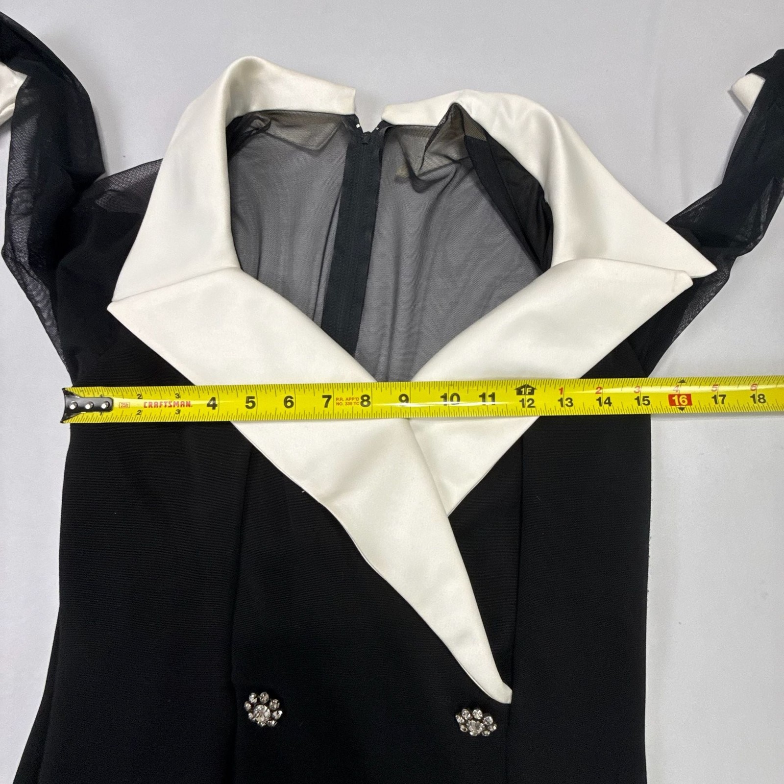 Vintage Tuxedo Style Formal Maxi Dress with Sheer Sleeves and Contrast Lapels