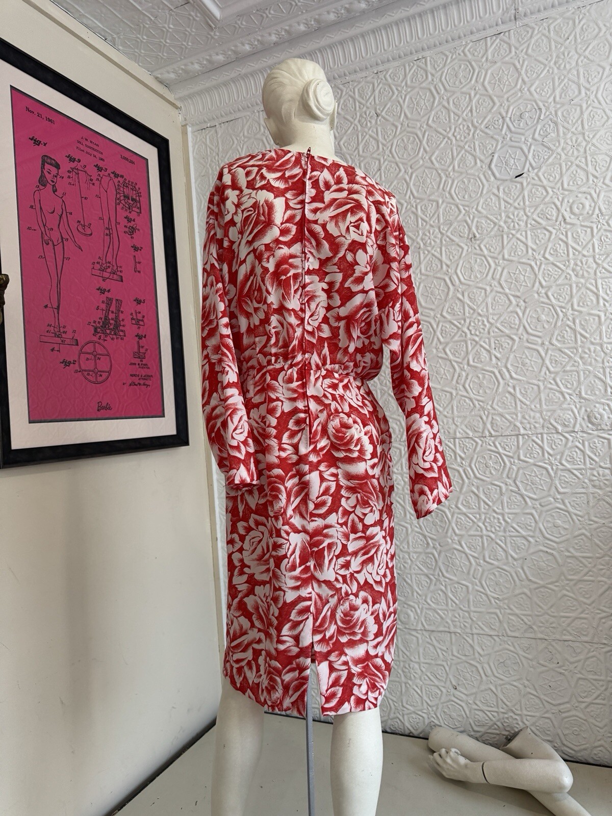 Vintage Dress 1980s Rose Print-romantic-Red-white-Daydress-floral-Small/medium