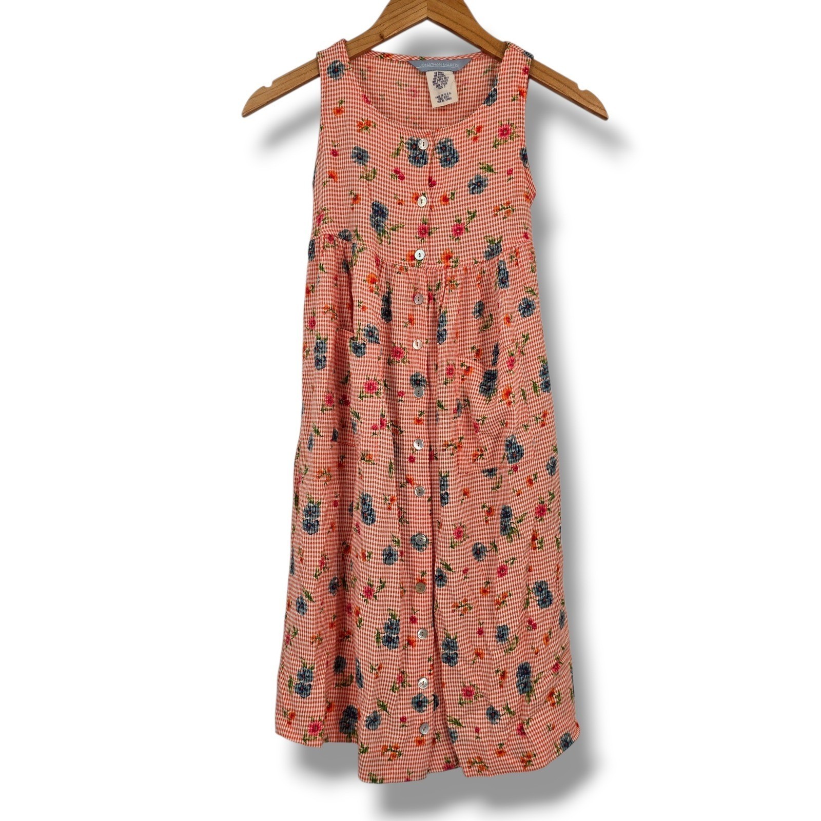 Vintage Jonathan Martin Gingham Floral Button Front Midi Dress Orange Size 7 USA