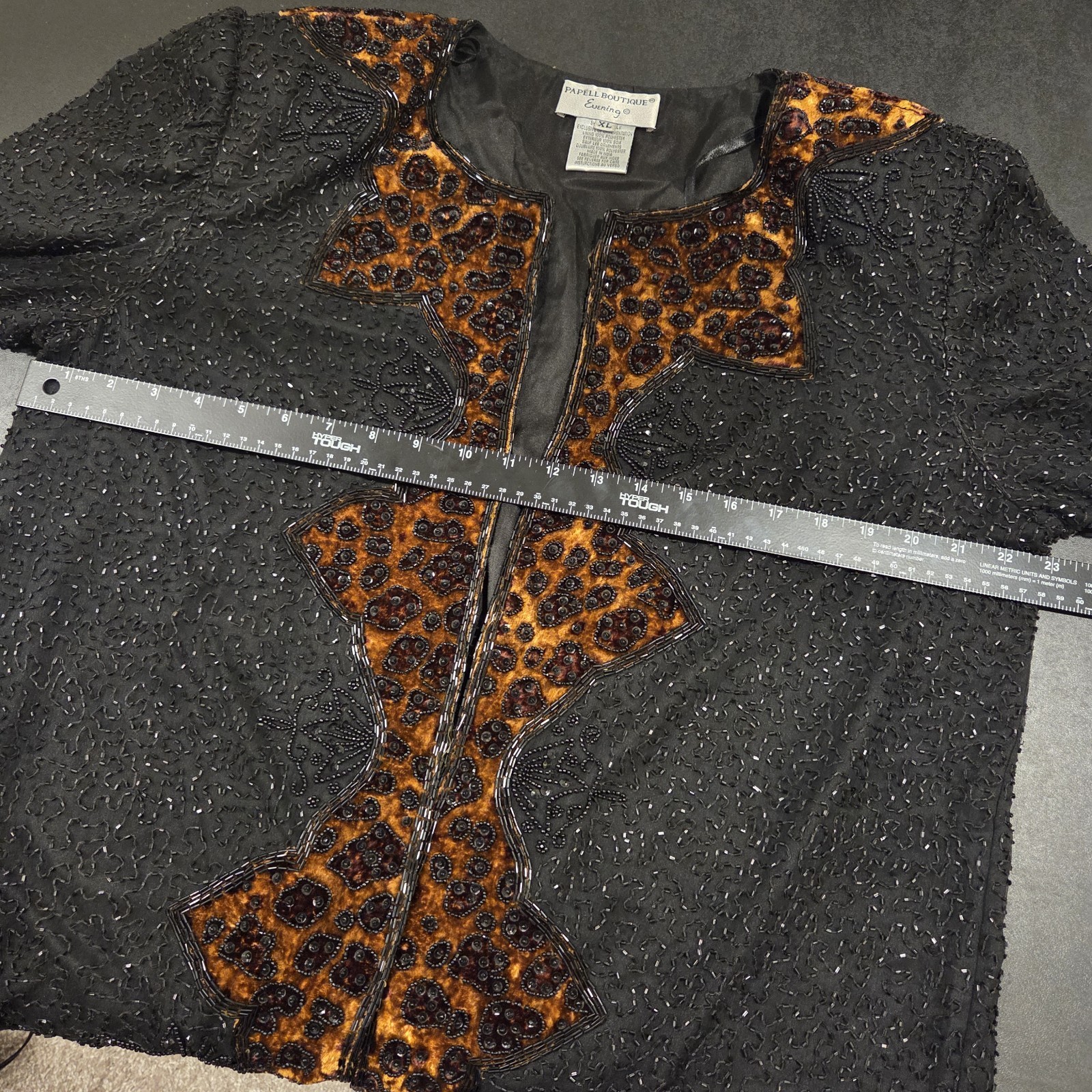 Vintage Papell Boutique Evening Black Silk Beaded Jacket XL Animal Print Sequin