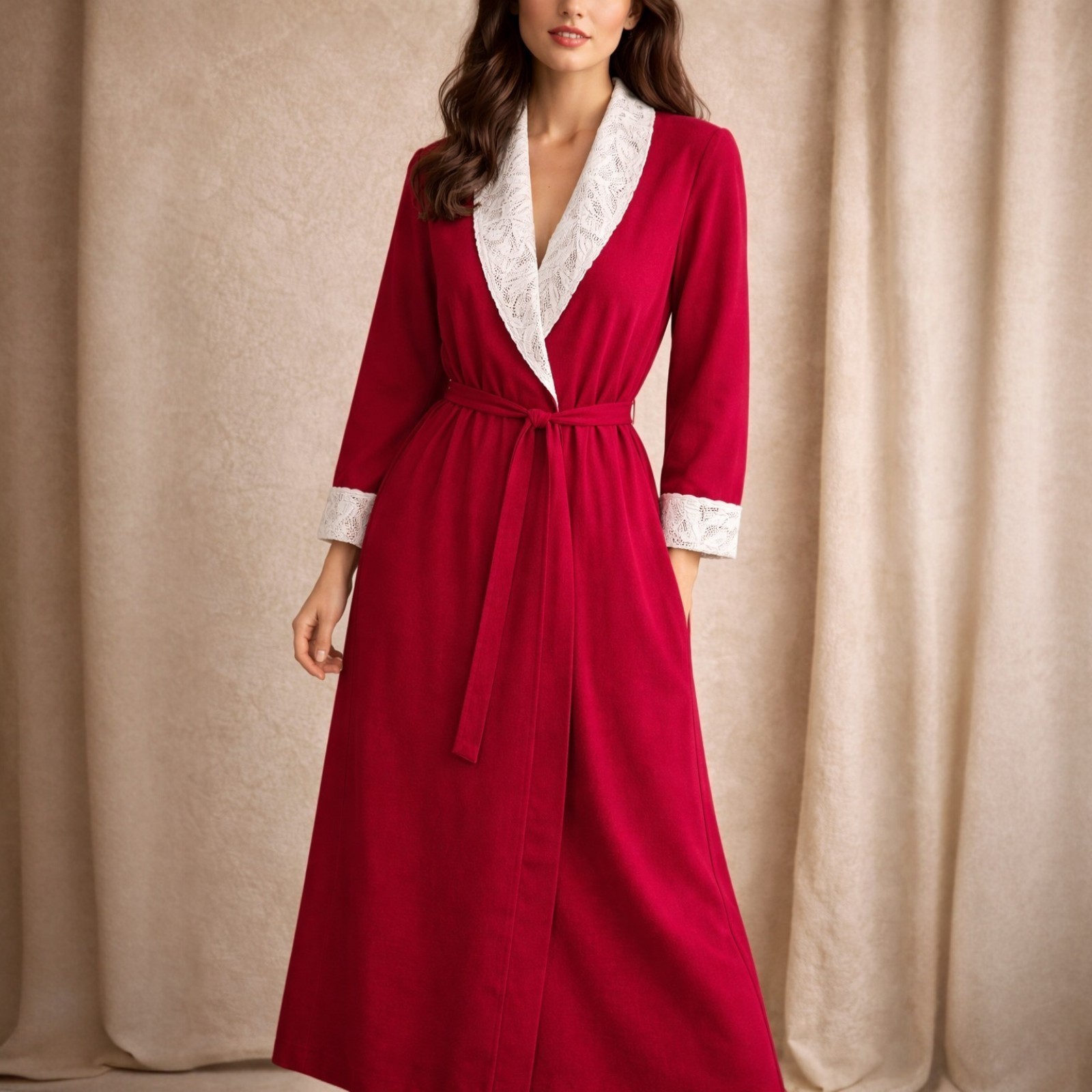 VTG Vanity Fair Red Lace Hostess Robe Women’s M USA Old Hollywood Lingere 70s