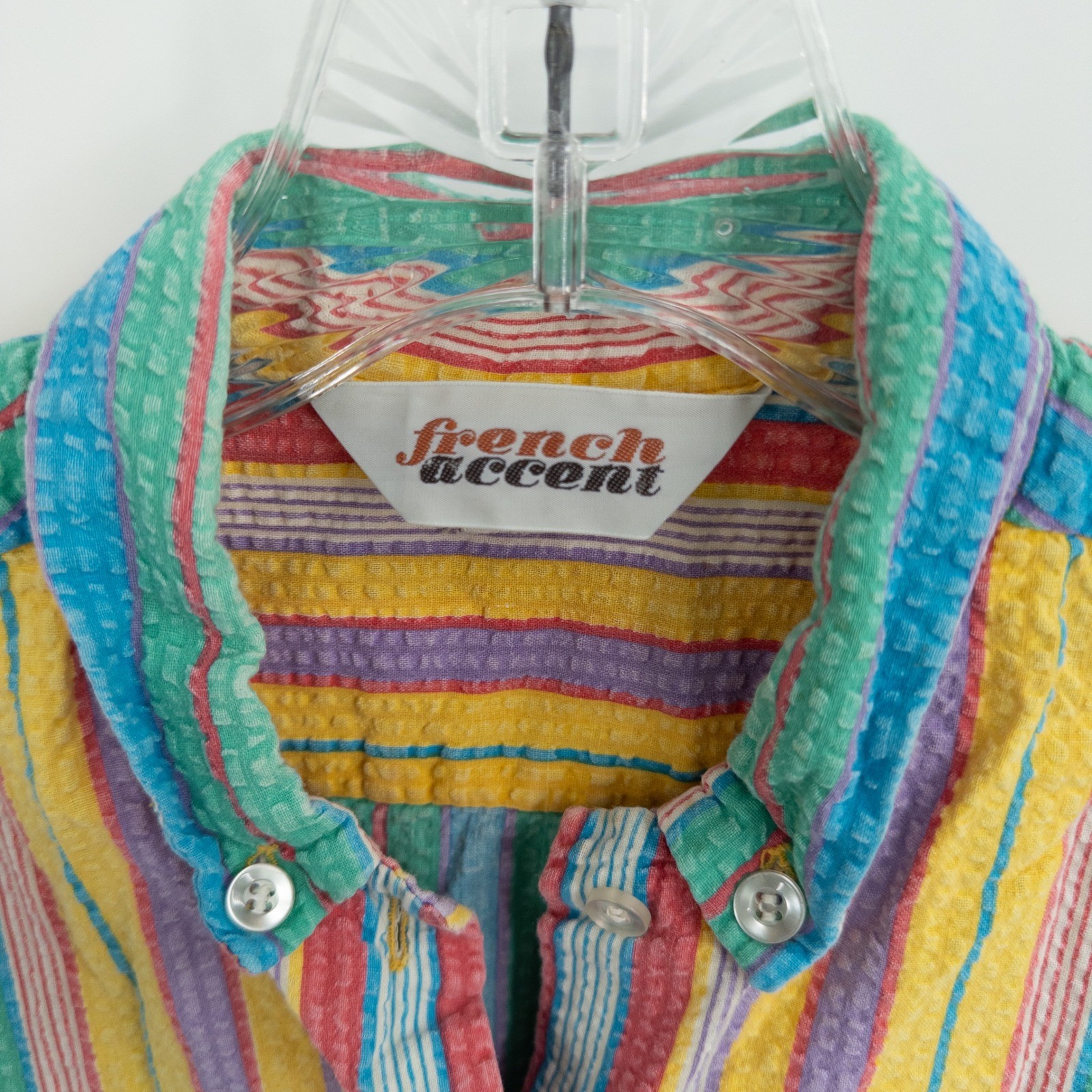 Vintage 90s Rainbow Top Womens XL Seersucker Striped Boxy Cropped Dopamine Color