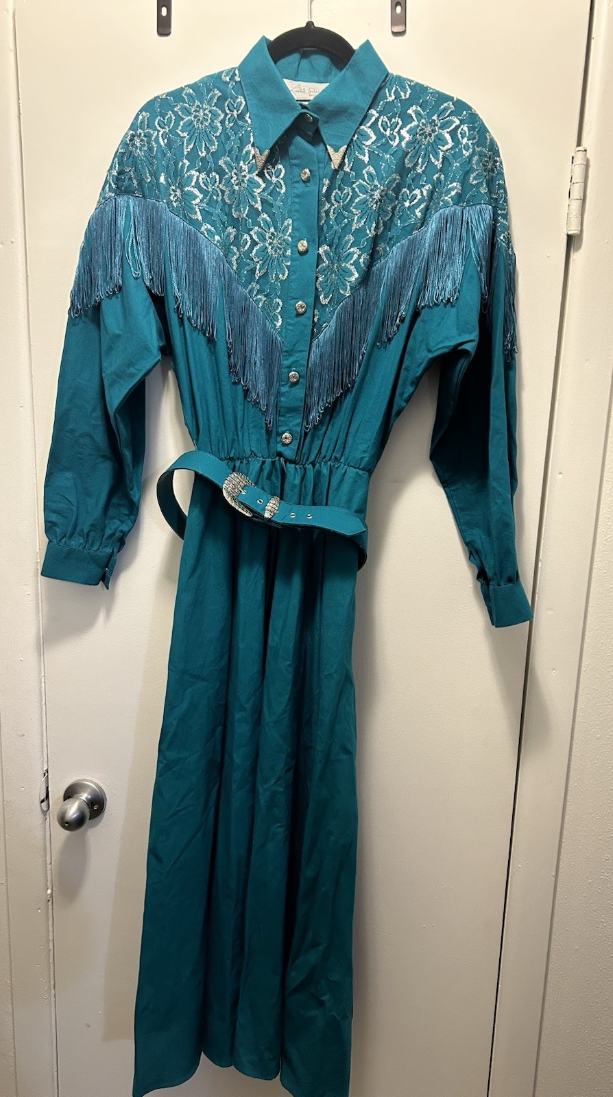 Vintage Lilia Smith Western Dress Turquoise Green Rodeo Fringe Cowgirl SZ 11/12