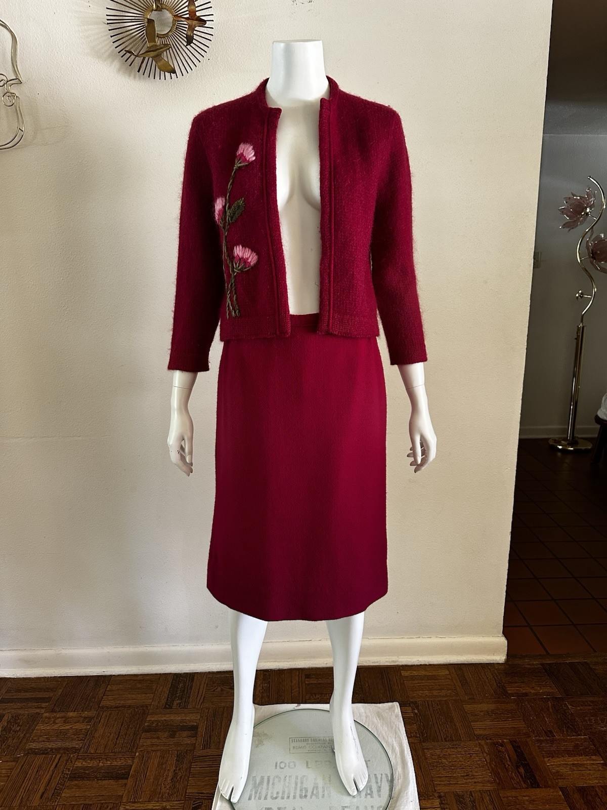1960s Sweater Suit Fuzzy Knit Embroidered Floral Jacket & Wool Skirt ILGWU Union