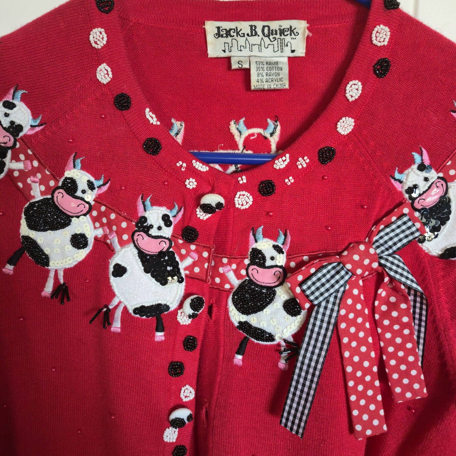 Vintage Dancing Cow Jack B Quick Red Whimsical Small Beaded Sweater Ramie 🐮❤️