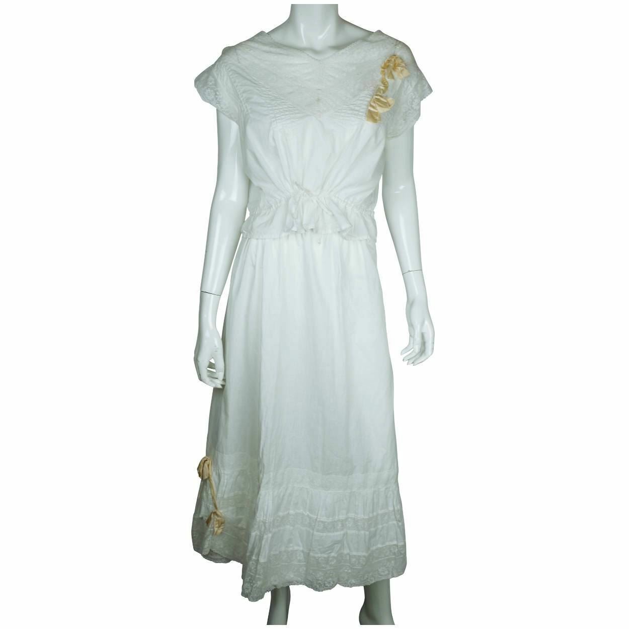 Antique Edwardian White Cotton Petticoat & Chemise Set w Lace Trim Size M / L
