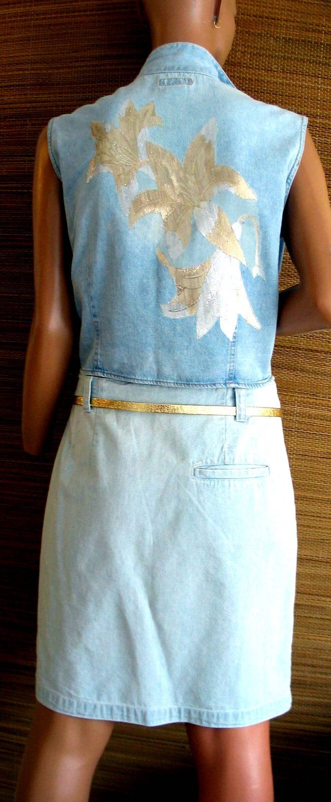 Embellished matching VTG denim Gap skirt and jeans + Union Bay vest set, sz S/M