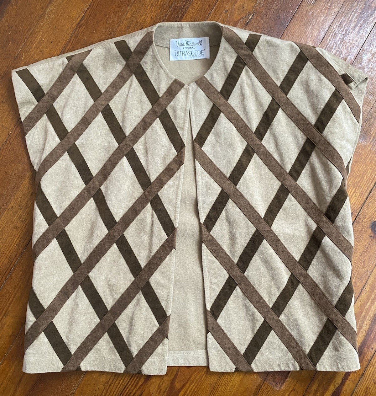 VTG 60s 70s Vera Maxwell Ultrasuede Brown Tan Lattice Vest Open Front MOD Med
