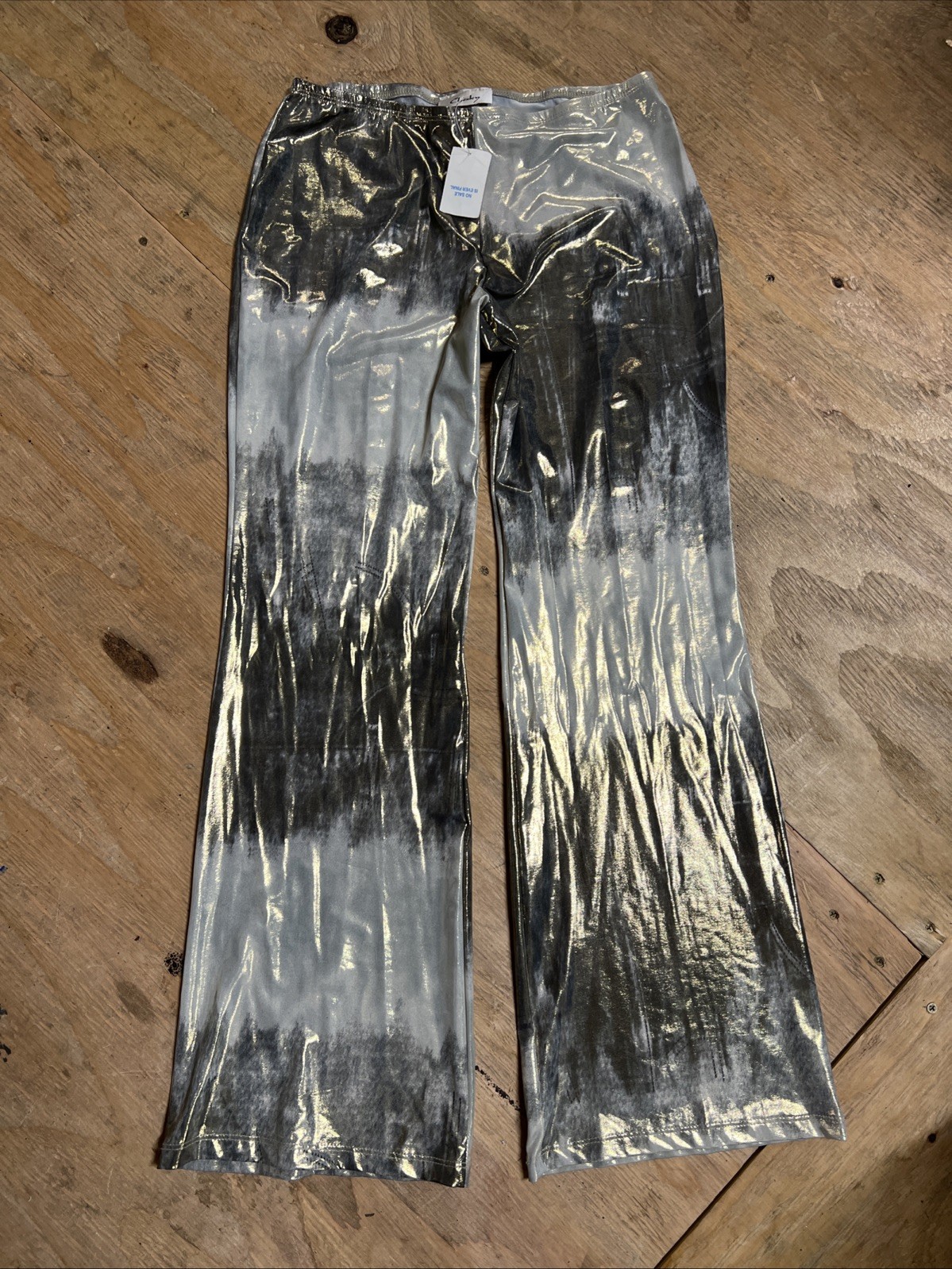 Vintage 90s Metallic Bell Bottom Pants Silver Gold Disco Rave Festival Y2K Large