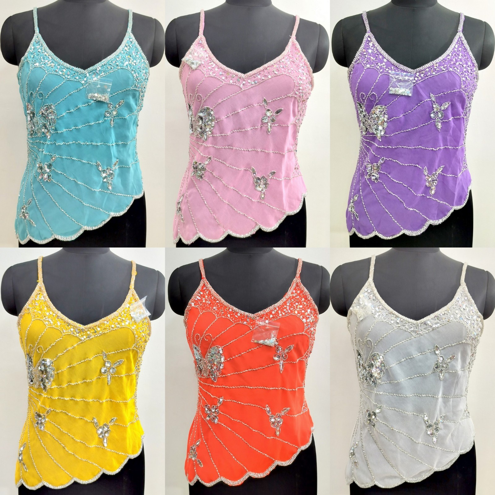 Lot 6 Vintage Y2K Beaded Embroidery Costume Sequin Top Blouse Sheer Silver Tunic