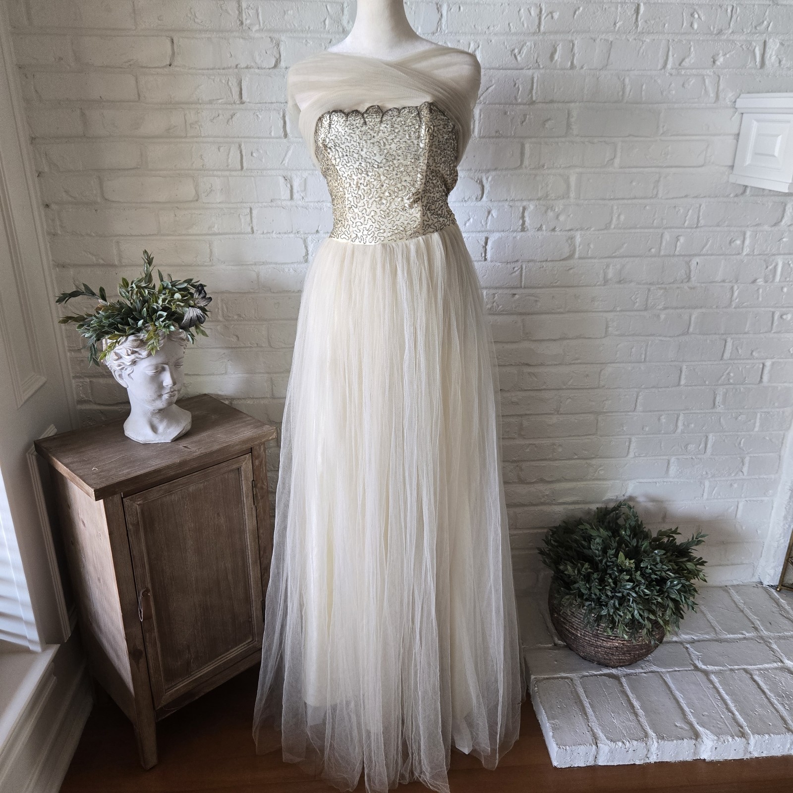 Vtg 1950s Ivory Tulle & Satin Embellished Gown, Party Dress, Wedding, XS/2