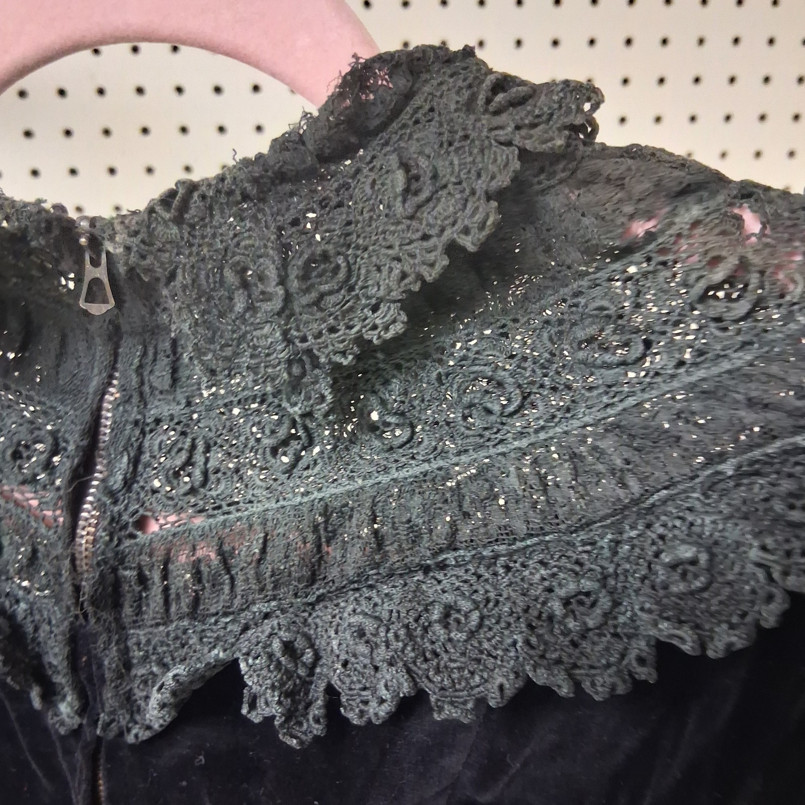 Antique 1930 Black Velvet Lace Dress Gothic Mourning Edwardian Revival Talon Zip