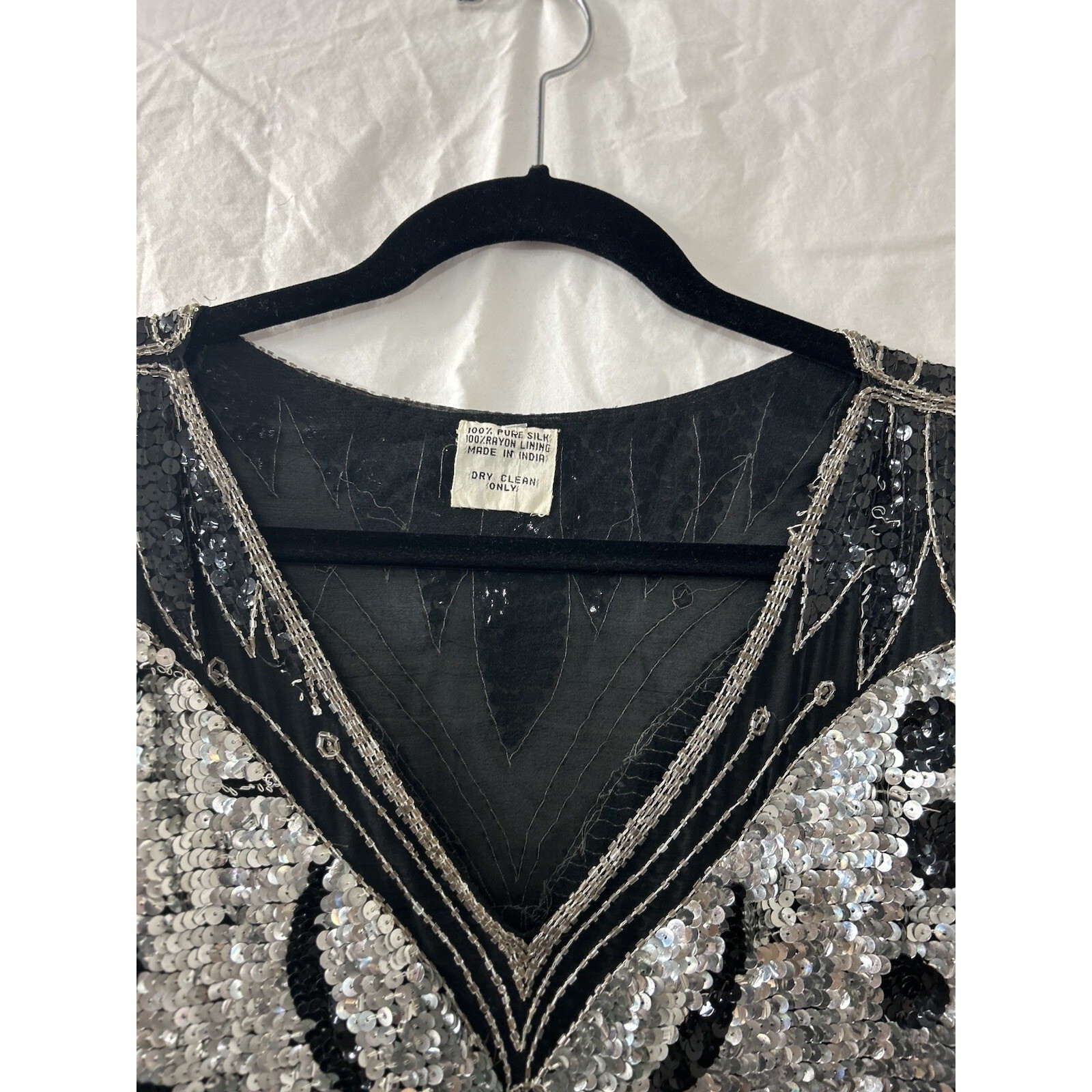 Vintage Butterfly Sequin Silk Top OS Black Silver Beaded Glam Art Deco Gatsby