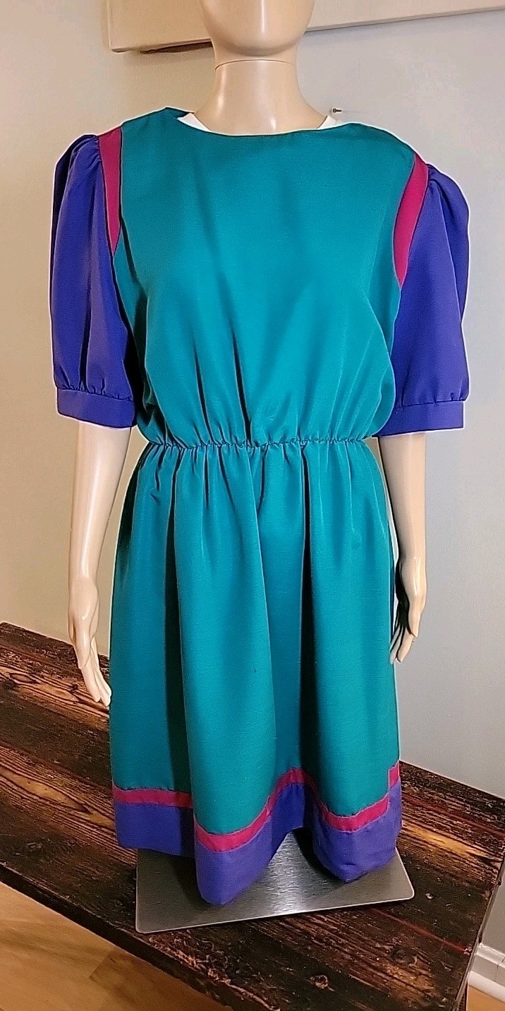 Vtg Lady Carol Colorblock Dress Green Purple Cinched Waist Zip Size M L ***Read