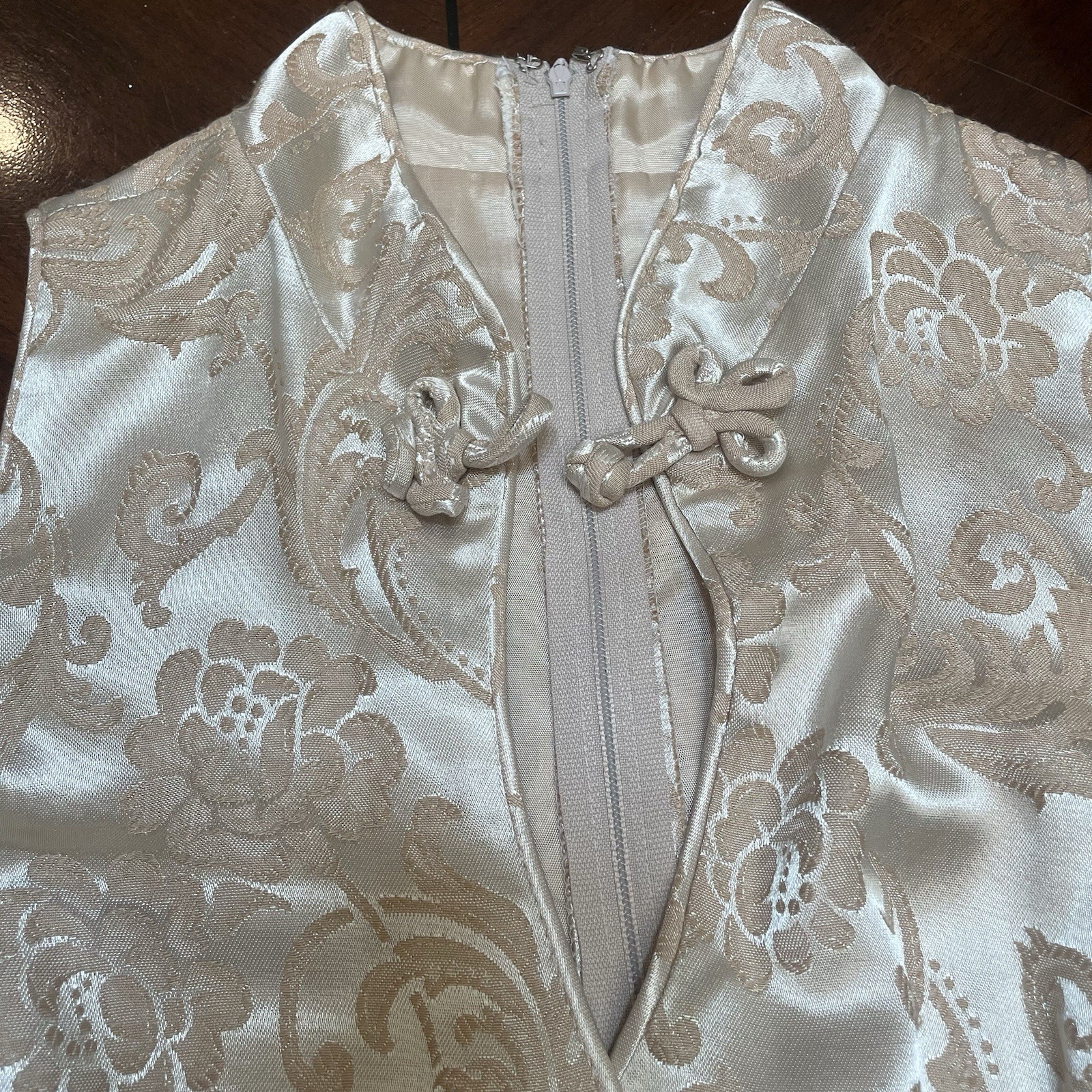 VTG 80s Niki Originals Brocade Cheongsam Maxi Gown Dress Gold Beige 14 Coquette