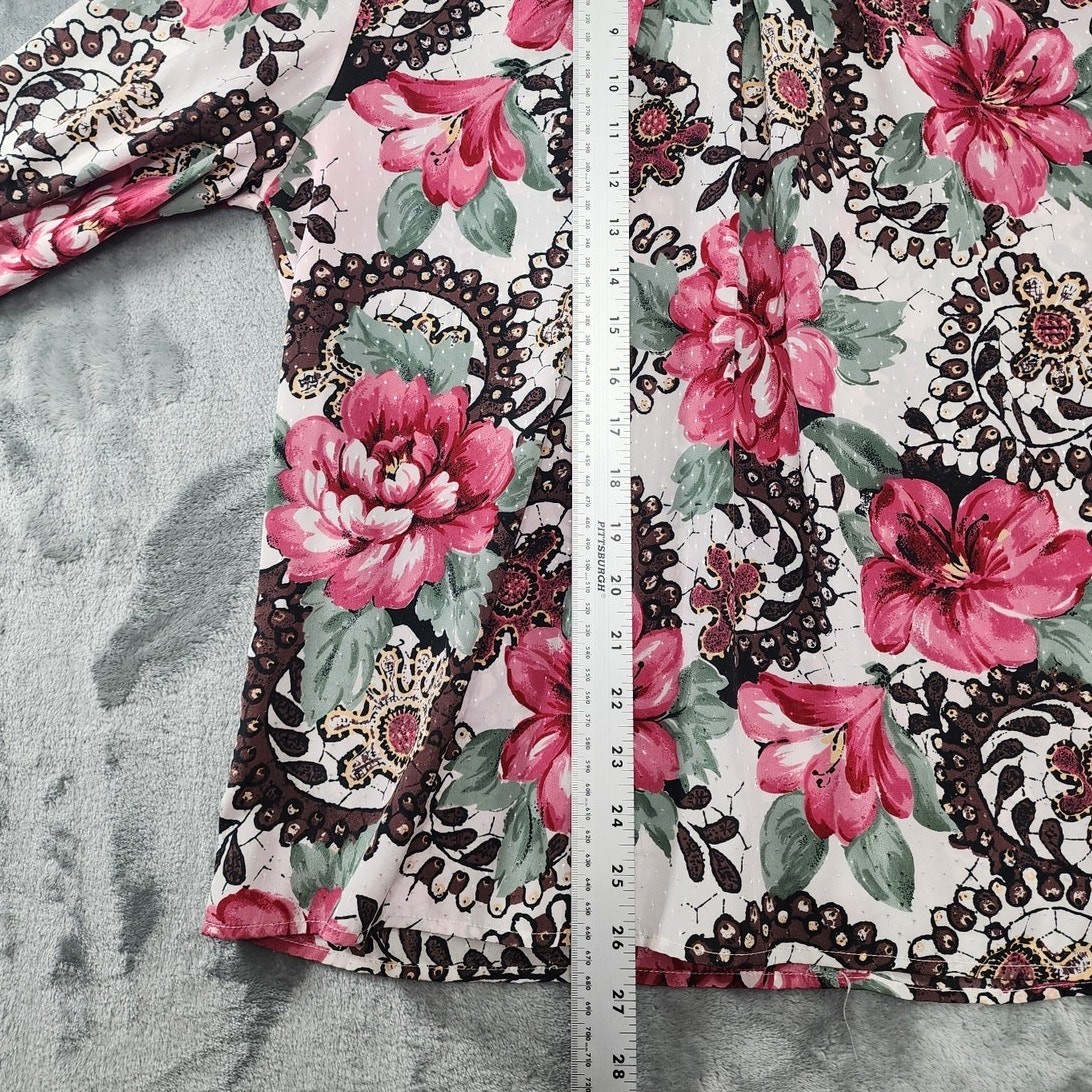Vintage Pyke LTD Top Womens M Pink Floral High Pleated V-Neck Long Sleeve Zip