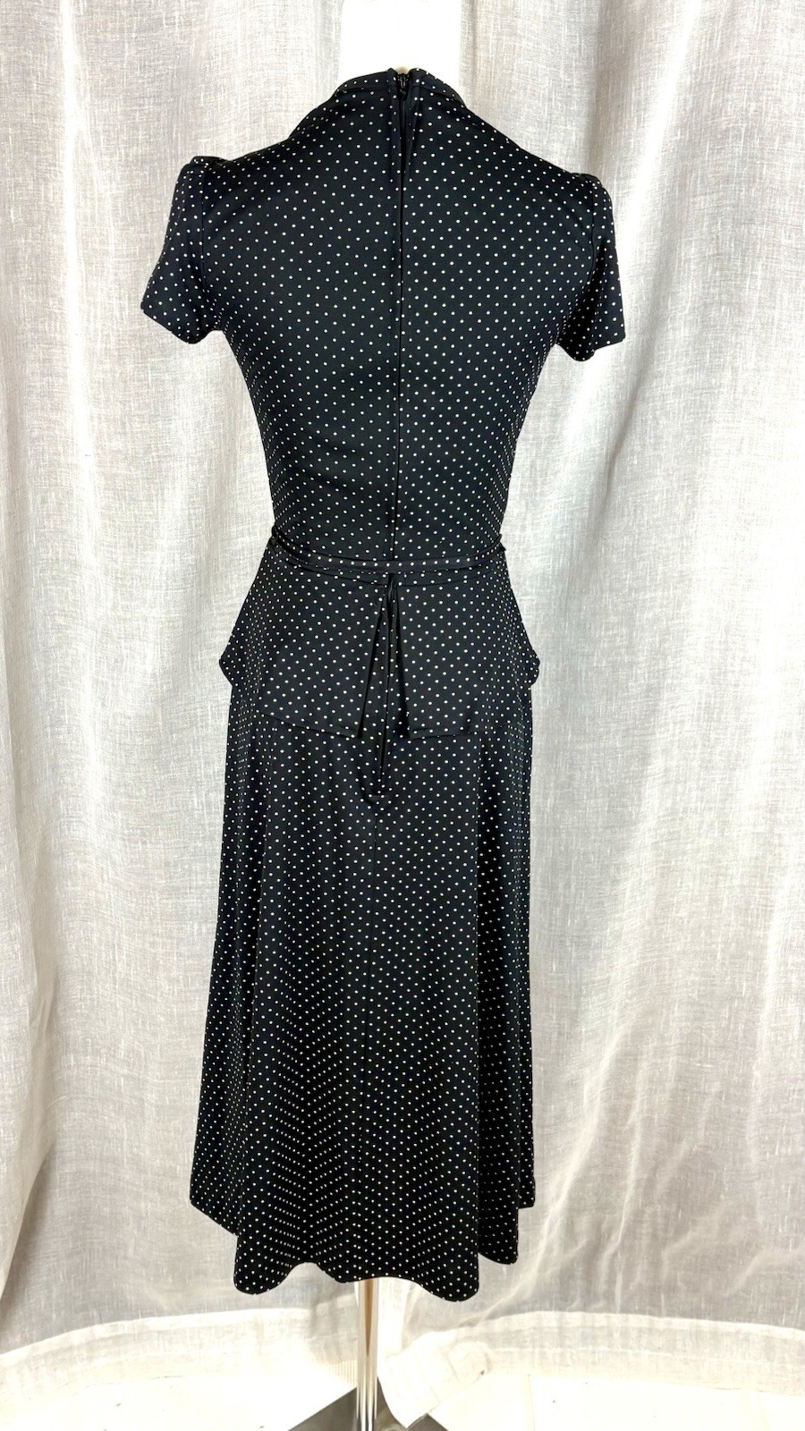 Vintage 70’s Polka Dot Peplum Dress Parisian Chic French Girl Dark Academia Sz S