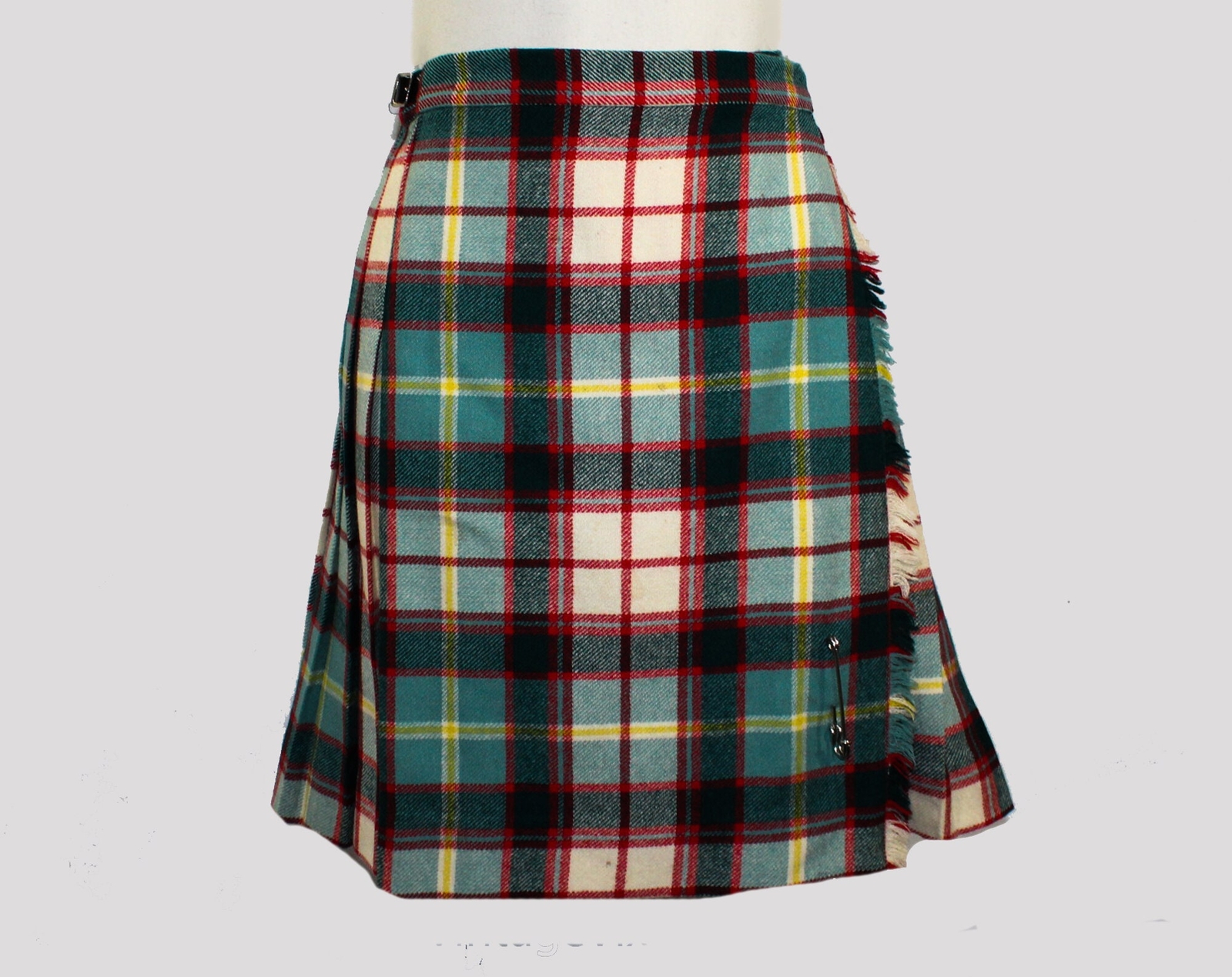 Scottish Kilt Skirt – Small Green Red Tartan Plaid Pleated Wrap Skirt – Buckles