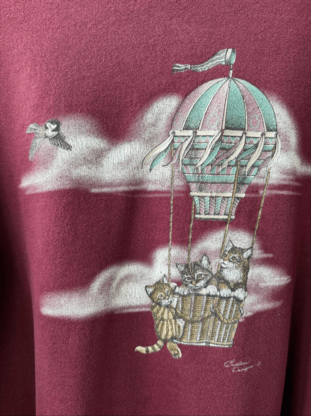 Vintage 80s 90s Endless Designs Cat Hot Air Balloon Burgundy Sweatshirt L