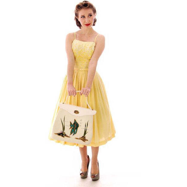 VTG 1950s Wendy Woods Yellow Cotton Sundress Embroidered Bodice S w/ Belt