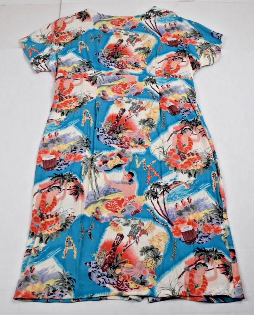 Vintage Rayon Hawaiian Dress Size S/M 70s Ocean Blue Hula Dancers Palm Trees