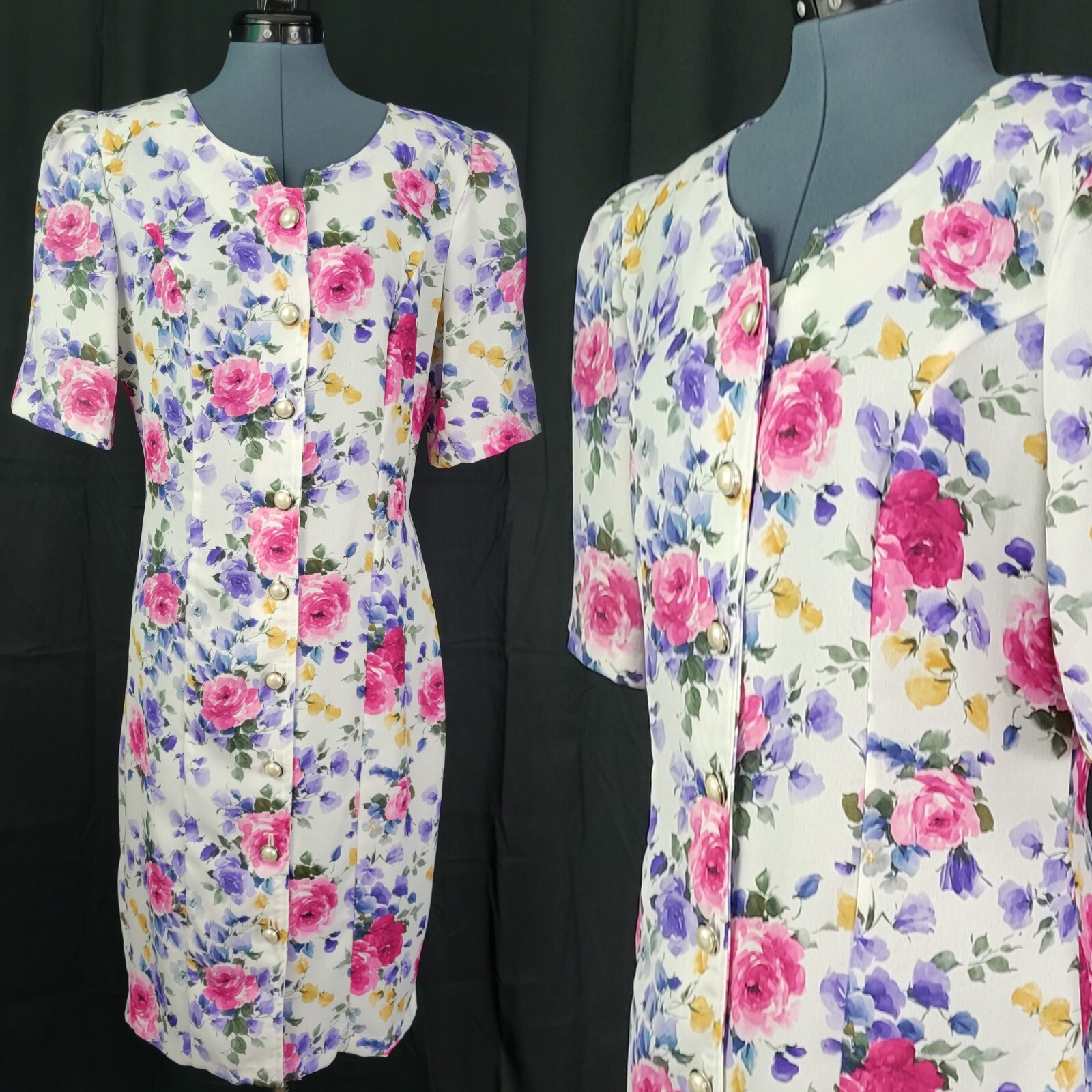 Vtg Caroline Wells White Floral Princess Seamed Shift Dress w Buttons Size 14