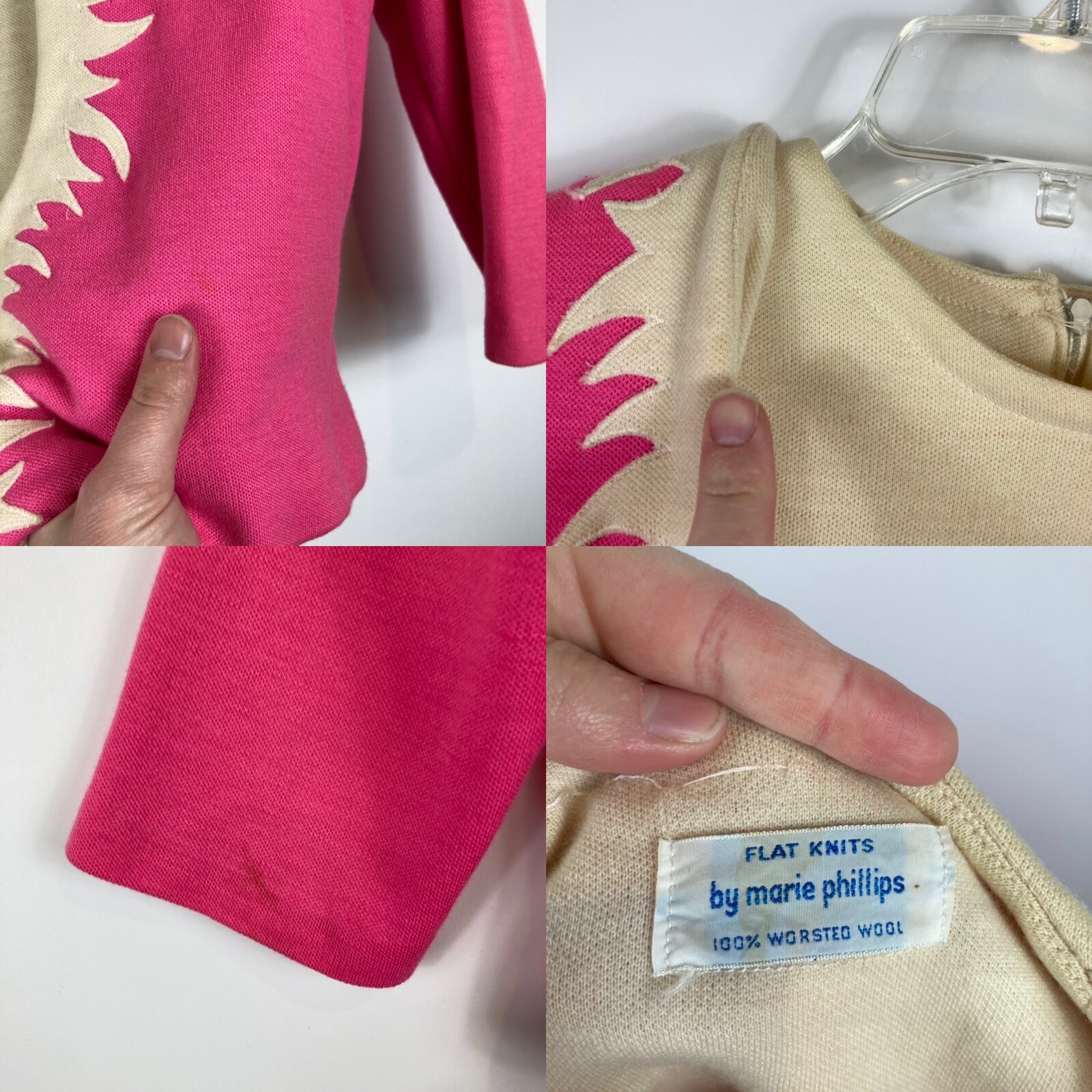 VTG Marie Phillips Pink Ivory 100% Worsted Wool Flat Knit Suit Skirt Set Women M