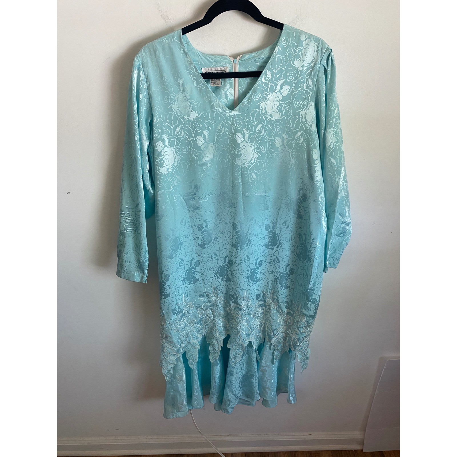 Lauren Alexandra Vintage Aqua Blue Floral Jacquard Lace Drop Waist Dress Size 12