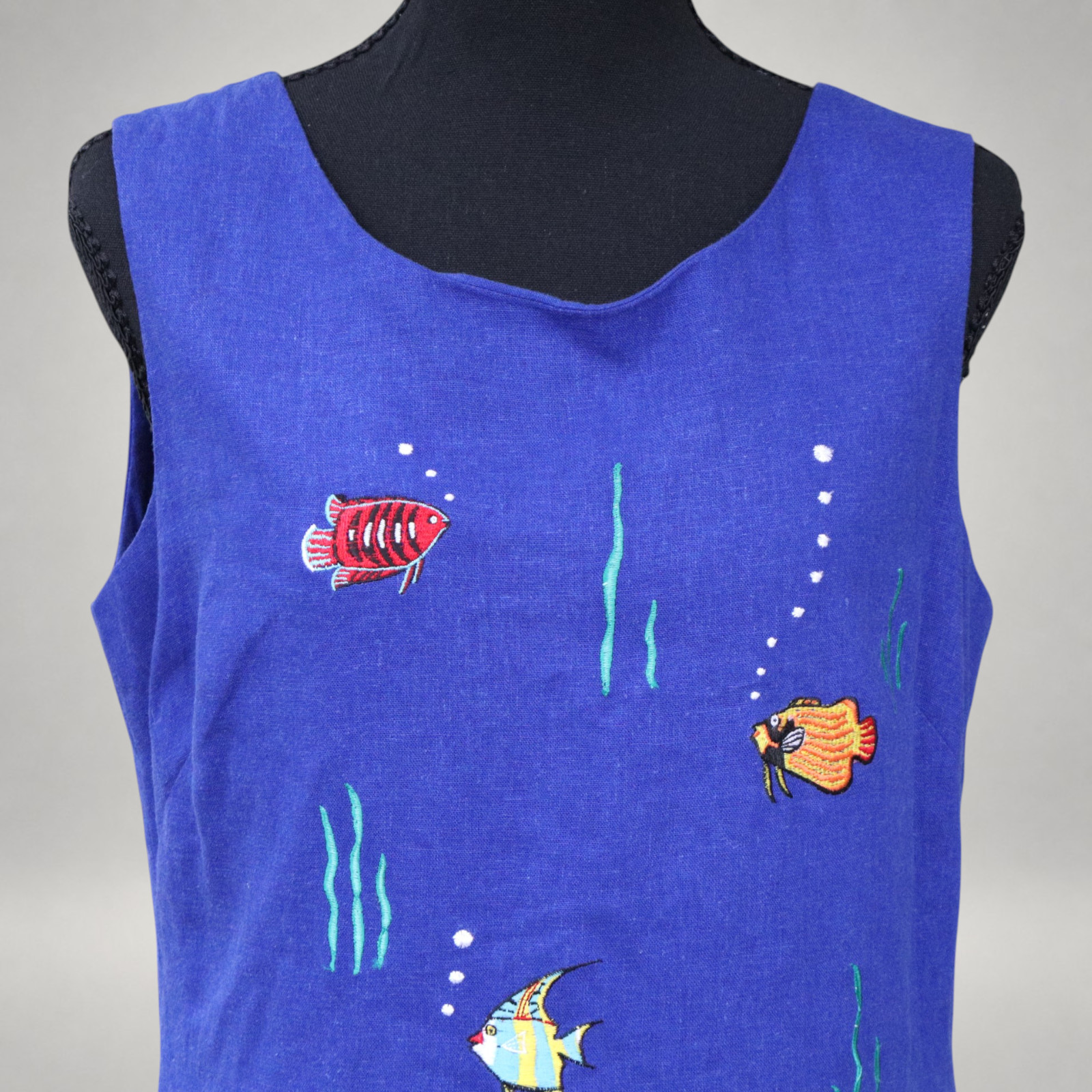 Vintage Ultra Dress Fish Embroidered Linen Rayon Shift Dress Blue Women’s Size 8