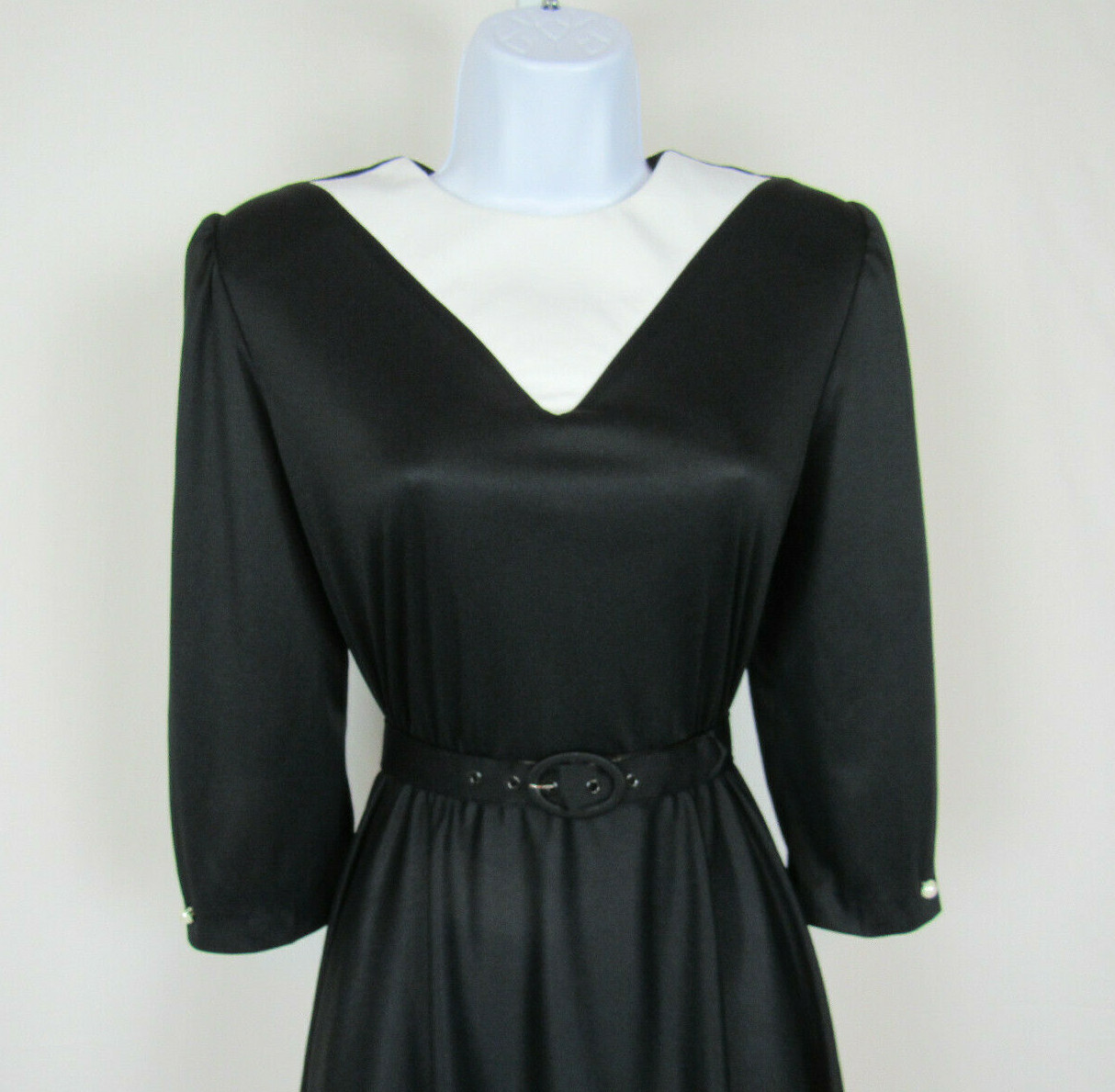 VTG 1960s WHIRLAWAY FROCKS BLACK DRESS & BELT SIZE 6P WHITE COLLAR POLY