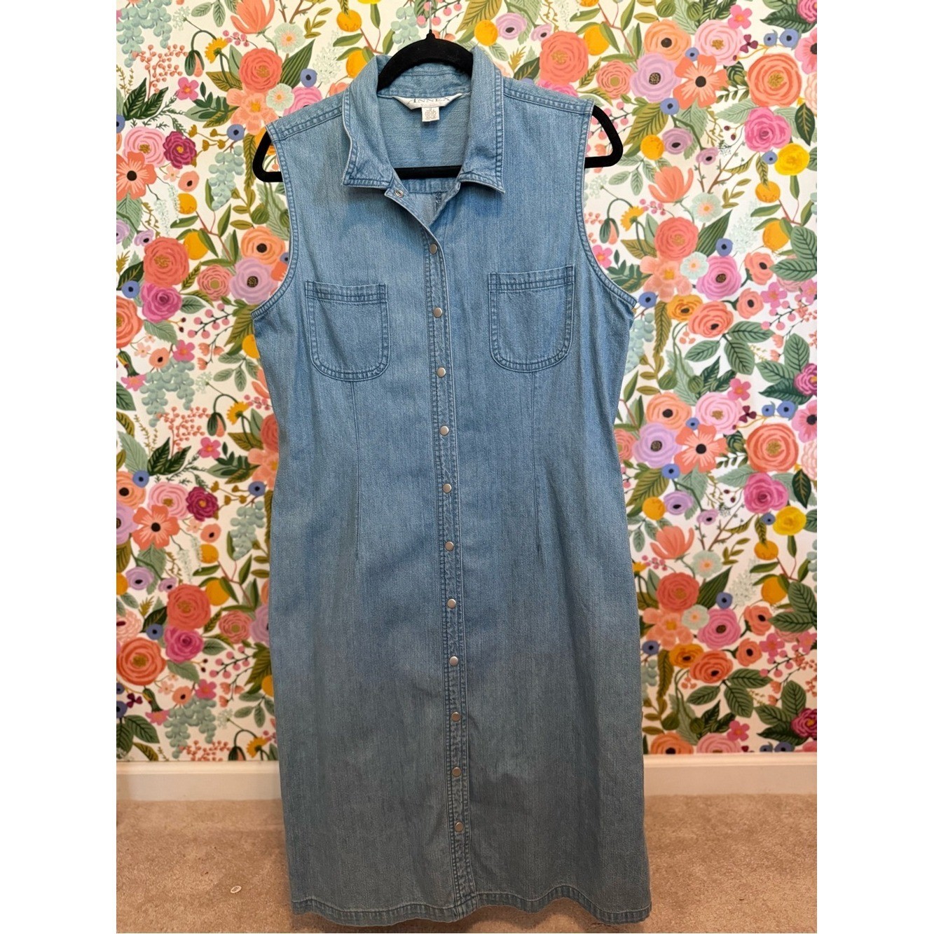 Vintage 90s Casual Corner Annex Denim Chambray Sleeveless Maxi Shirt Dress